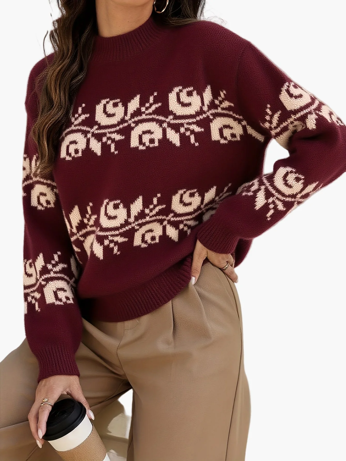 Pull jacquard à fleurs élégantes pour femme, style automne-hiver, manches longues - Image 4