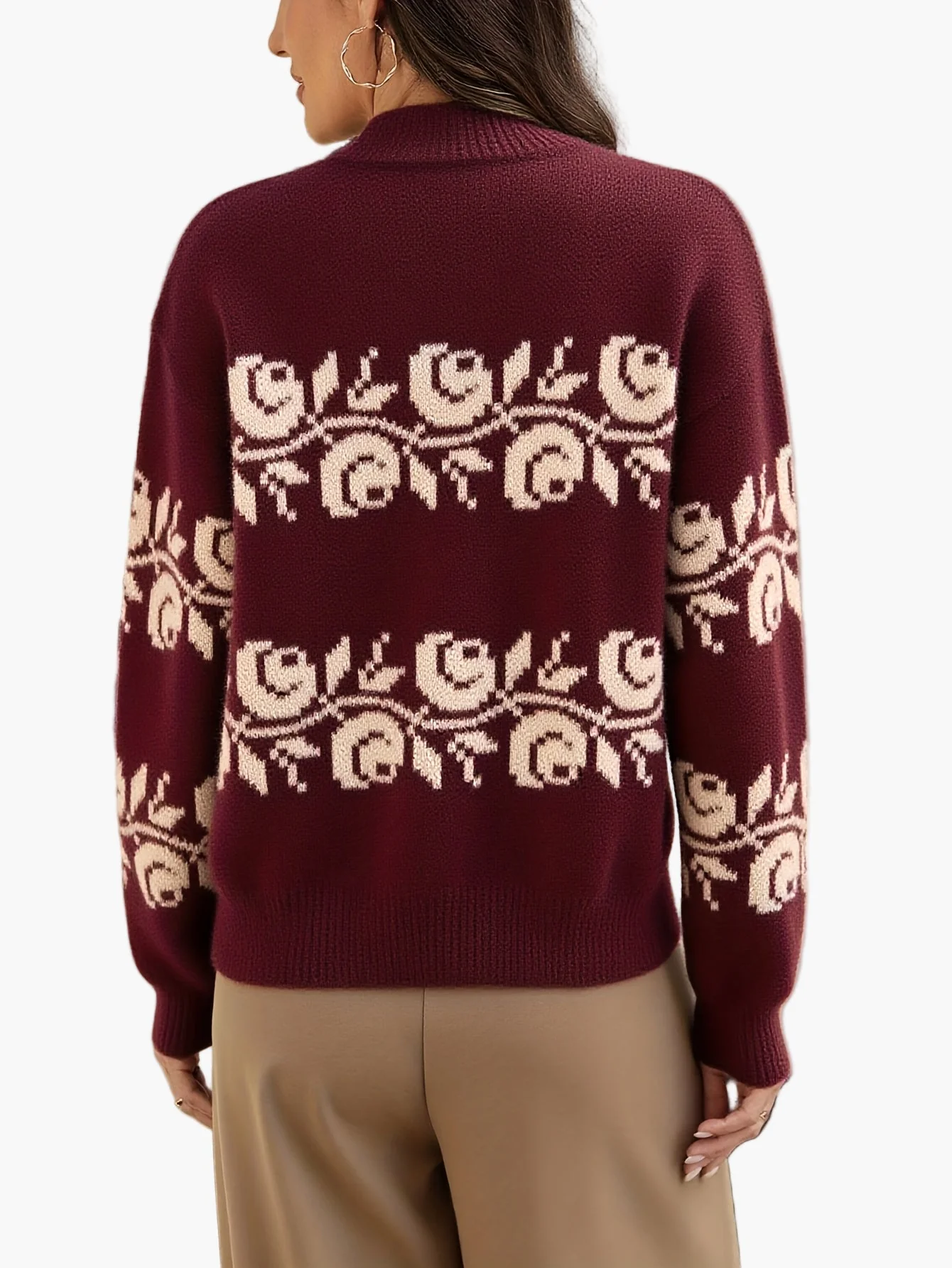 Pull jacquard à fleurs élégantes pour femme, style automne-hiver, manches longues - Image 5