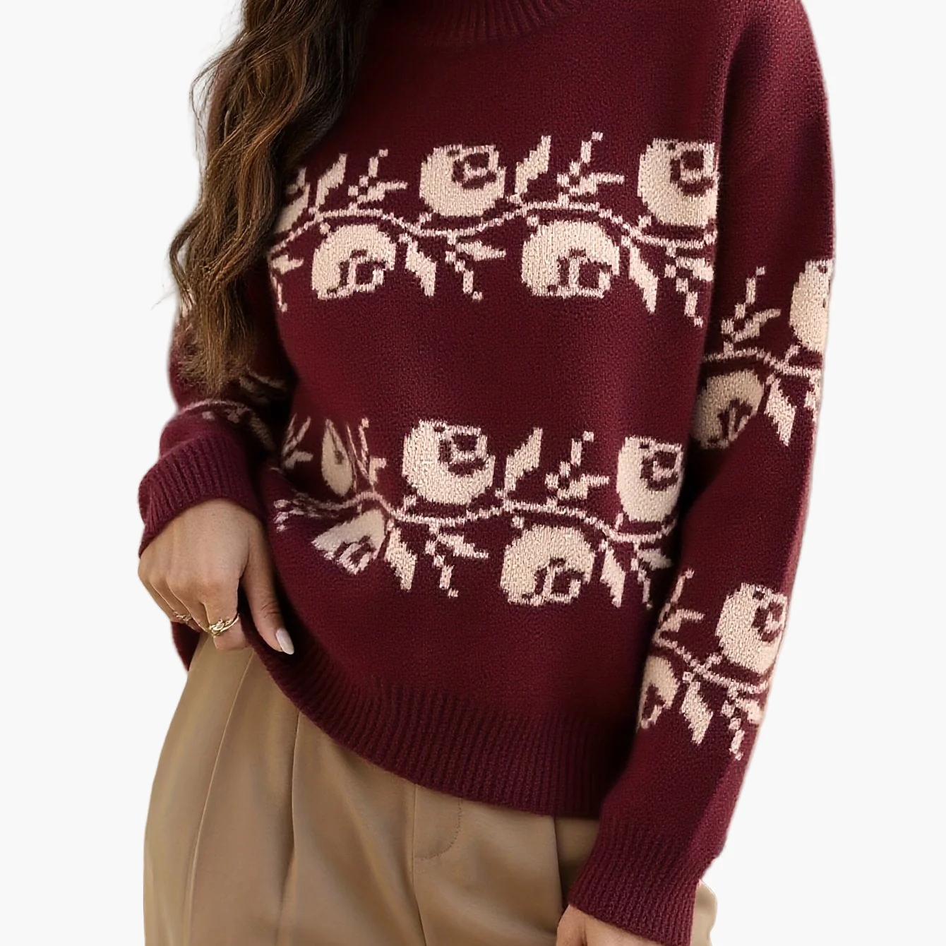 Pull jacquard à fleurs élégantes pour femme, style automne-hiver, manches longues - Image 6