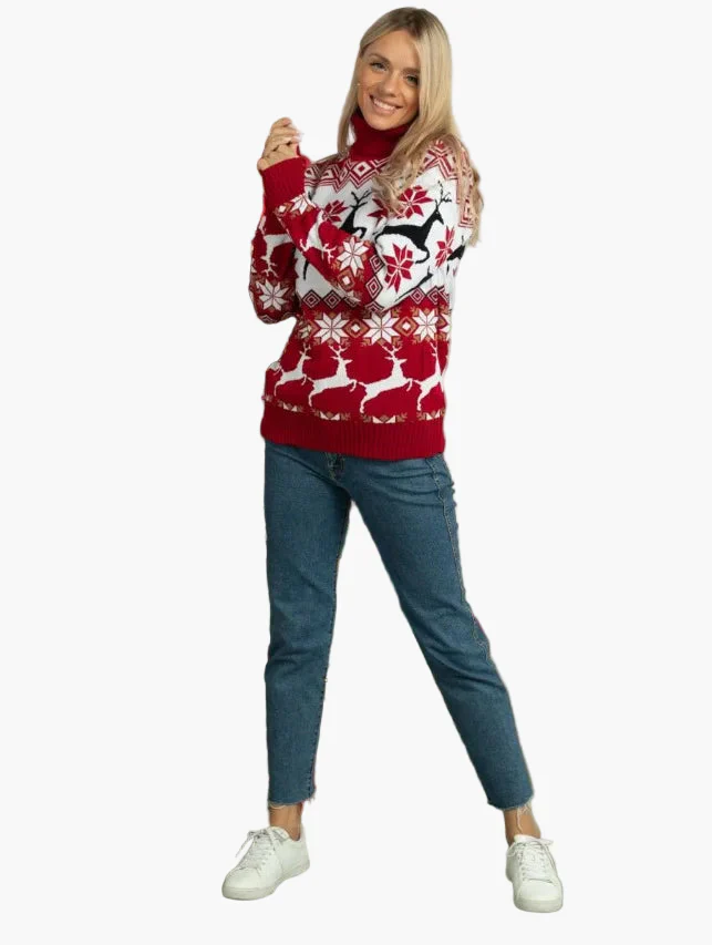 Pull de Noël à Col Montant pour Femme – Motifs Cerfs et Flocons, Style Hiver Festif - Image 3