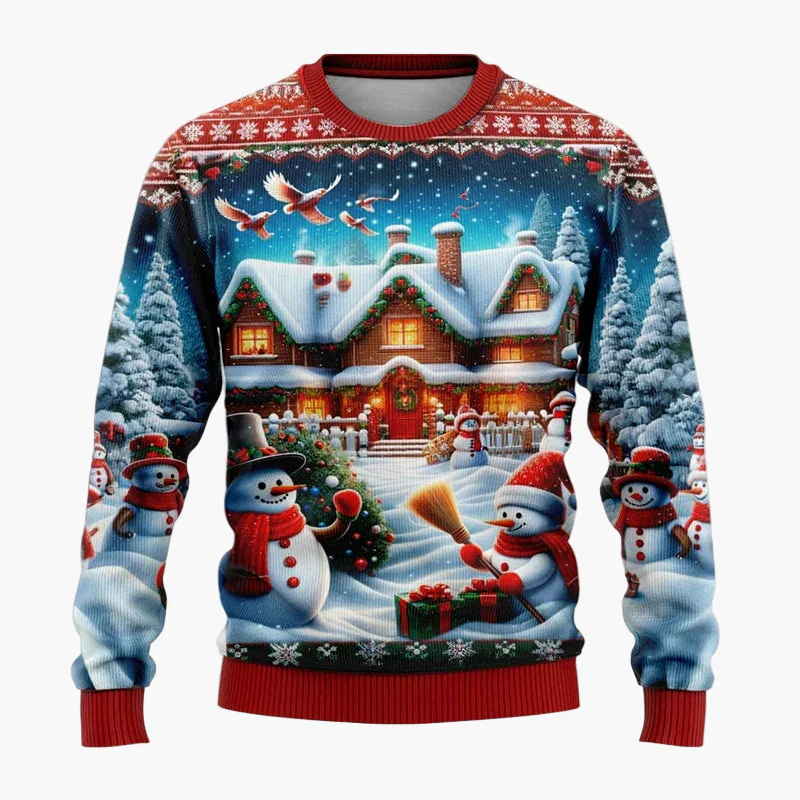 Pull de Noël fantaisie unisexe – Scène festive avec Père Noël et bonhomme de neige, idéal fêtes et cadeaux - Image 2