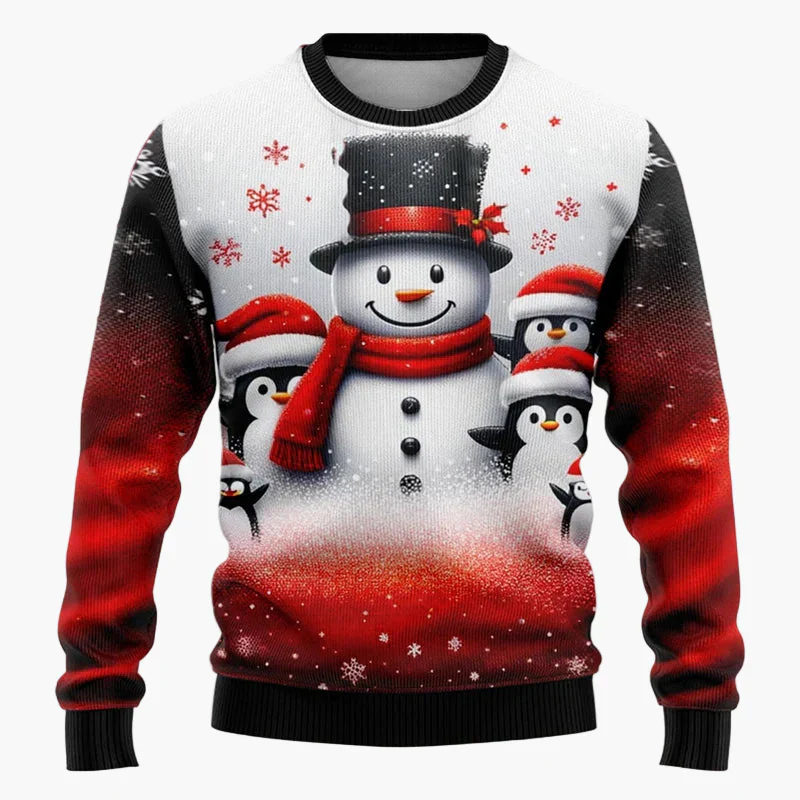 Pull de Noël fantaisie unisexe – Scène festive avec Père Noël et bonhomme de neige, idéal fêtes et cadeaux - Image 3
