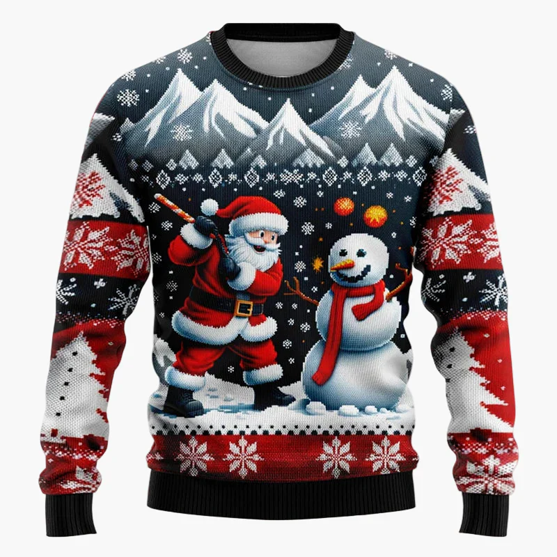 Pull de Noël fantaisie unisexe – Scène festive avec Père Noël et bonhomme de neige, idéal fêtes et cadeaux - Image 4