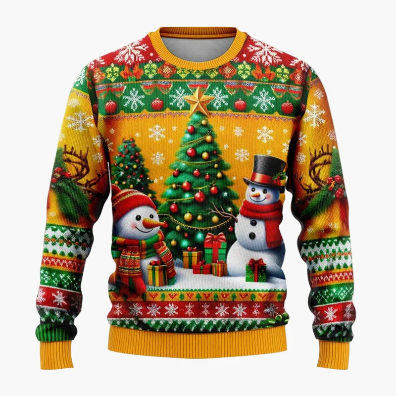 Pull de Noël fantaisie unisexe – Scène festive avec Père Noël et bonhomme de neige, idéal fêtes et cadeaux - Image 5