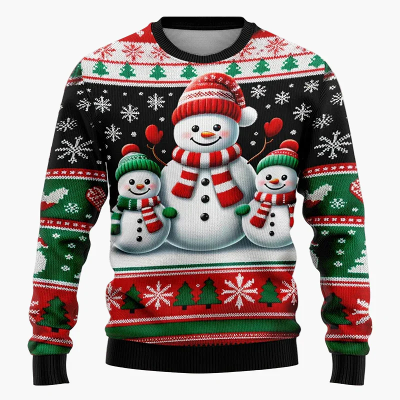 Pull de Noël fantaisie unisexe – Scène festive avec Père Noël et bonhomme de neige, idéal fêtes et cadeaux - Image 6