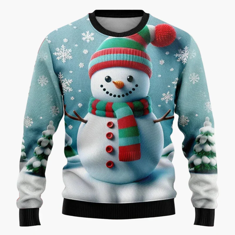 Pull de Noël fantaisie unisexe – Scène festive avec Père Noël et bonhomme de neige, idéal fêtes et cadeaux - Image 7