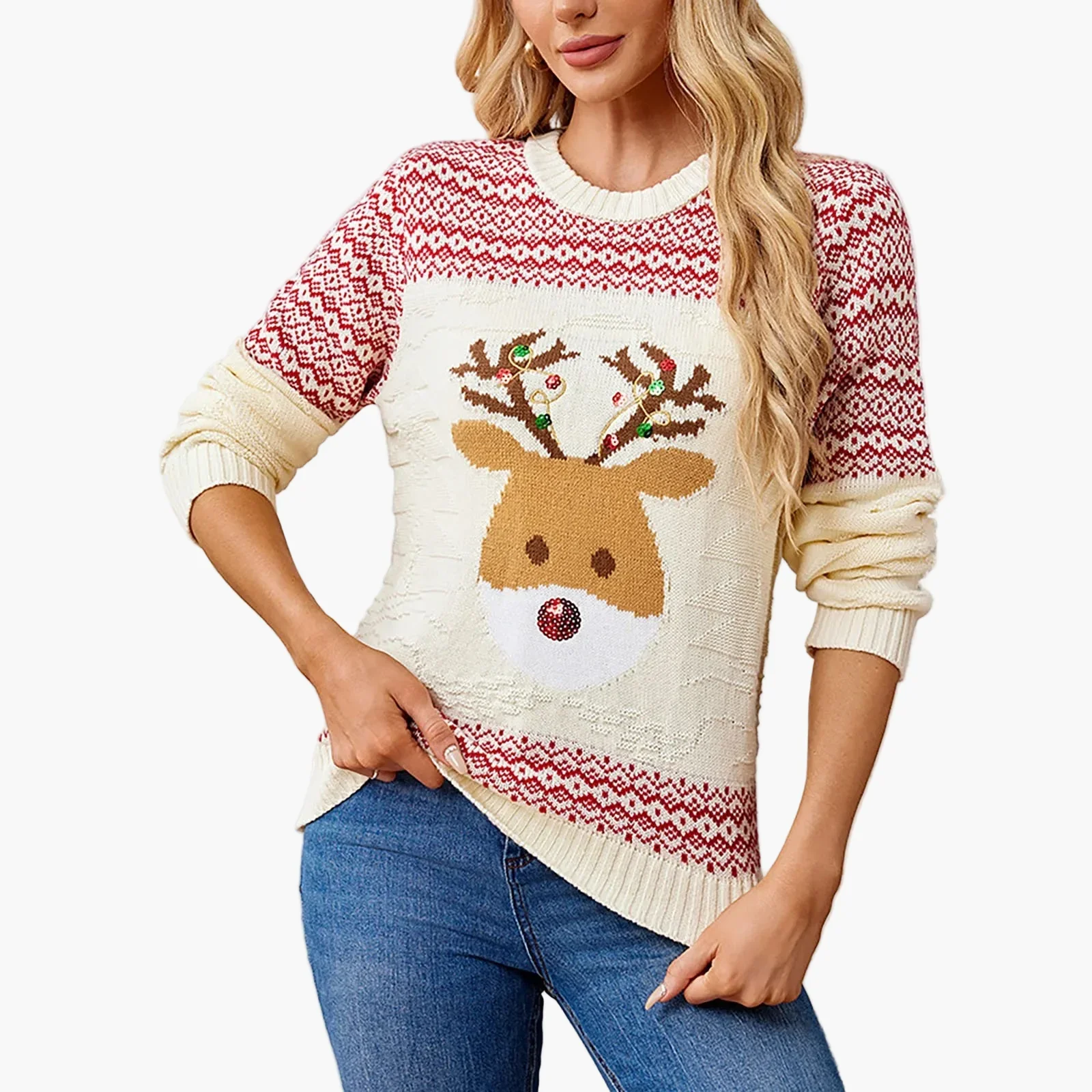 Pull de Noël Femme Motifs Scandinaves à Manches Longues Style Festif pour Hiver et Fêtes - Image 2