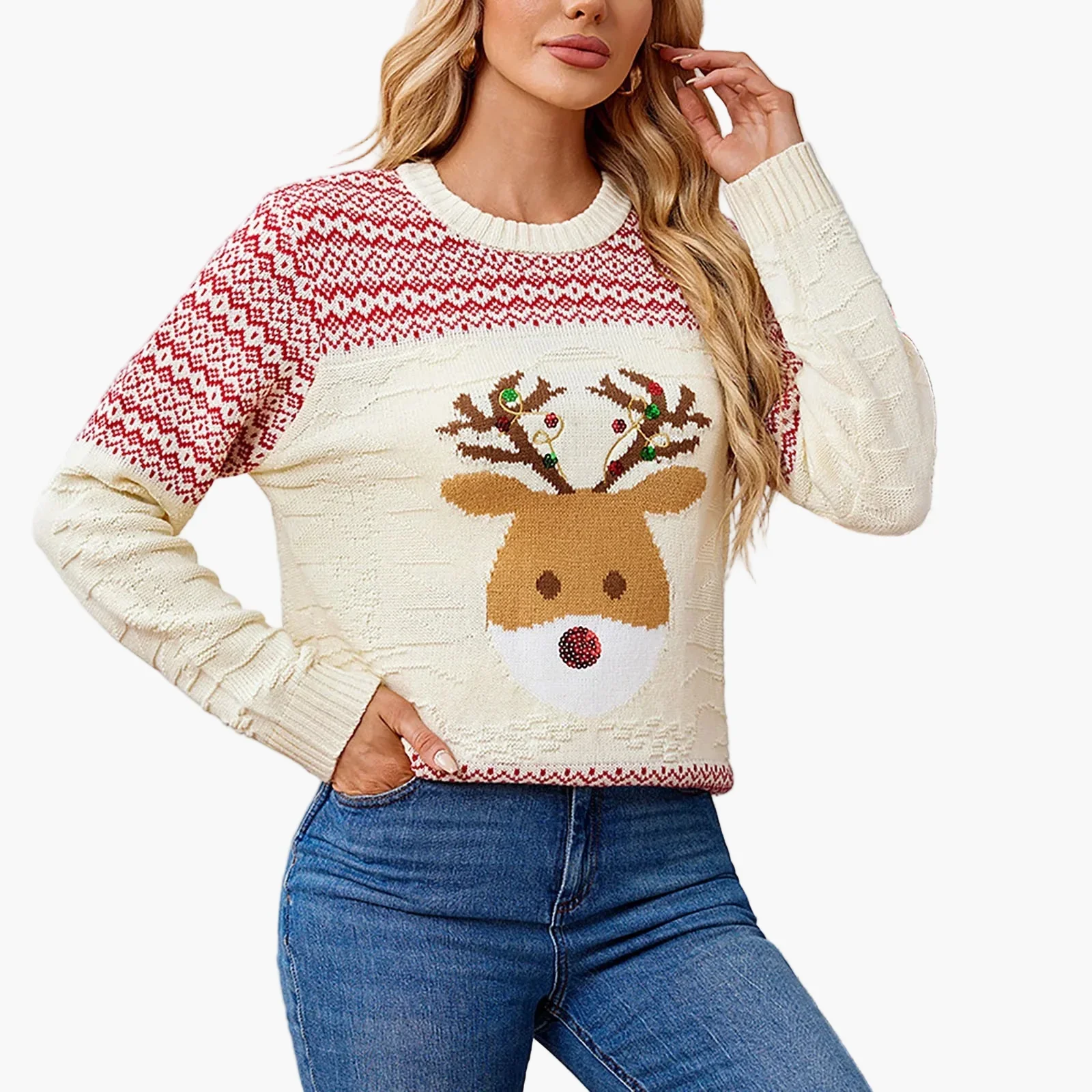 Pull de Noël Femme Motifs Scandinaves à Manches Longues Style Festif pour Hiver et Fêtes - Image 3