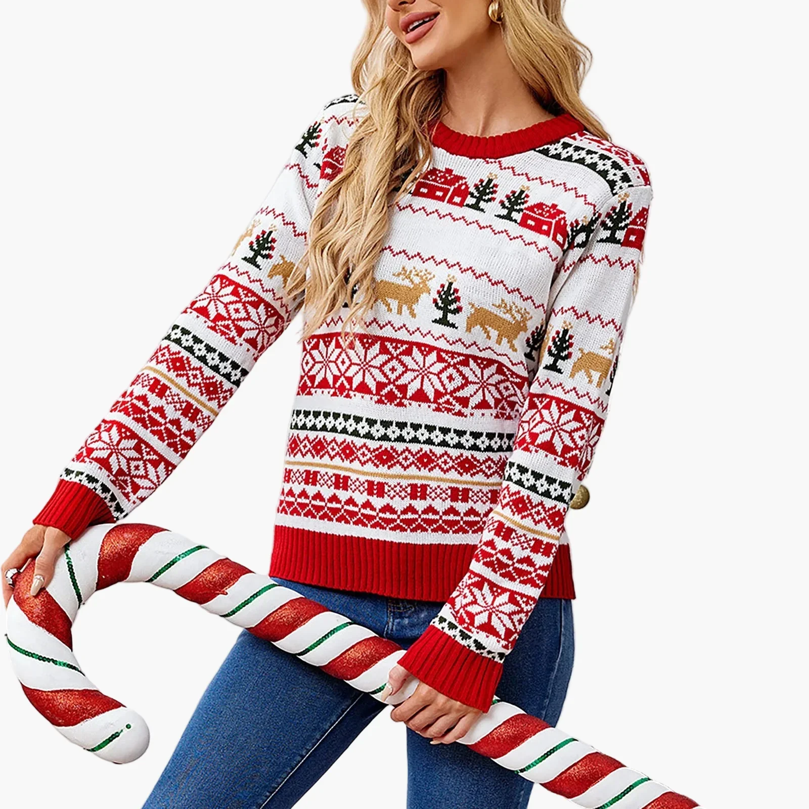 Pull de Noël Femme Motifs Scandinaves à Manches Longues Style Festif pour Hiver et Fêtes - Image 4