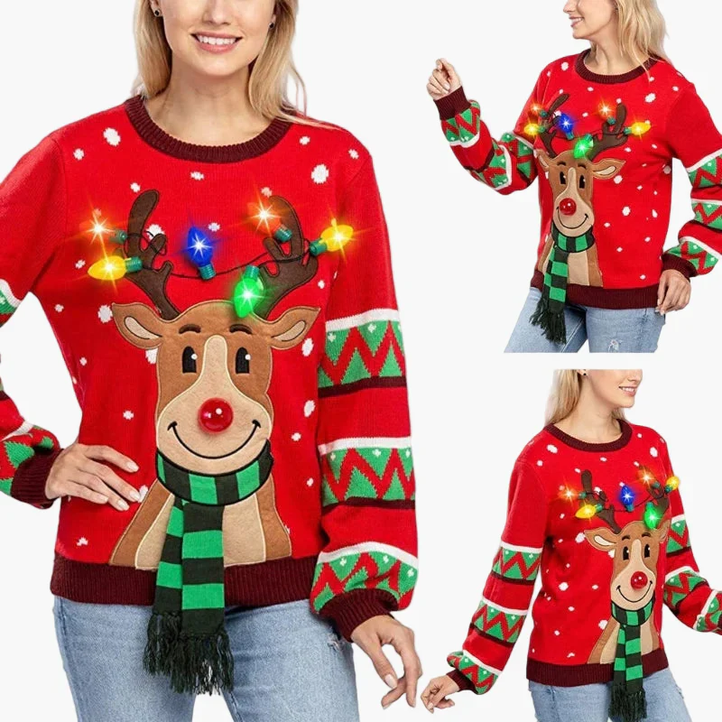 Pull de Noël Femme avec Renne Lumineux, Style Festif pour Fêtes et Hiver - Image 4