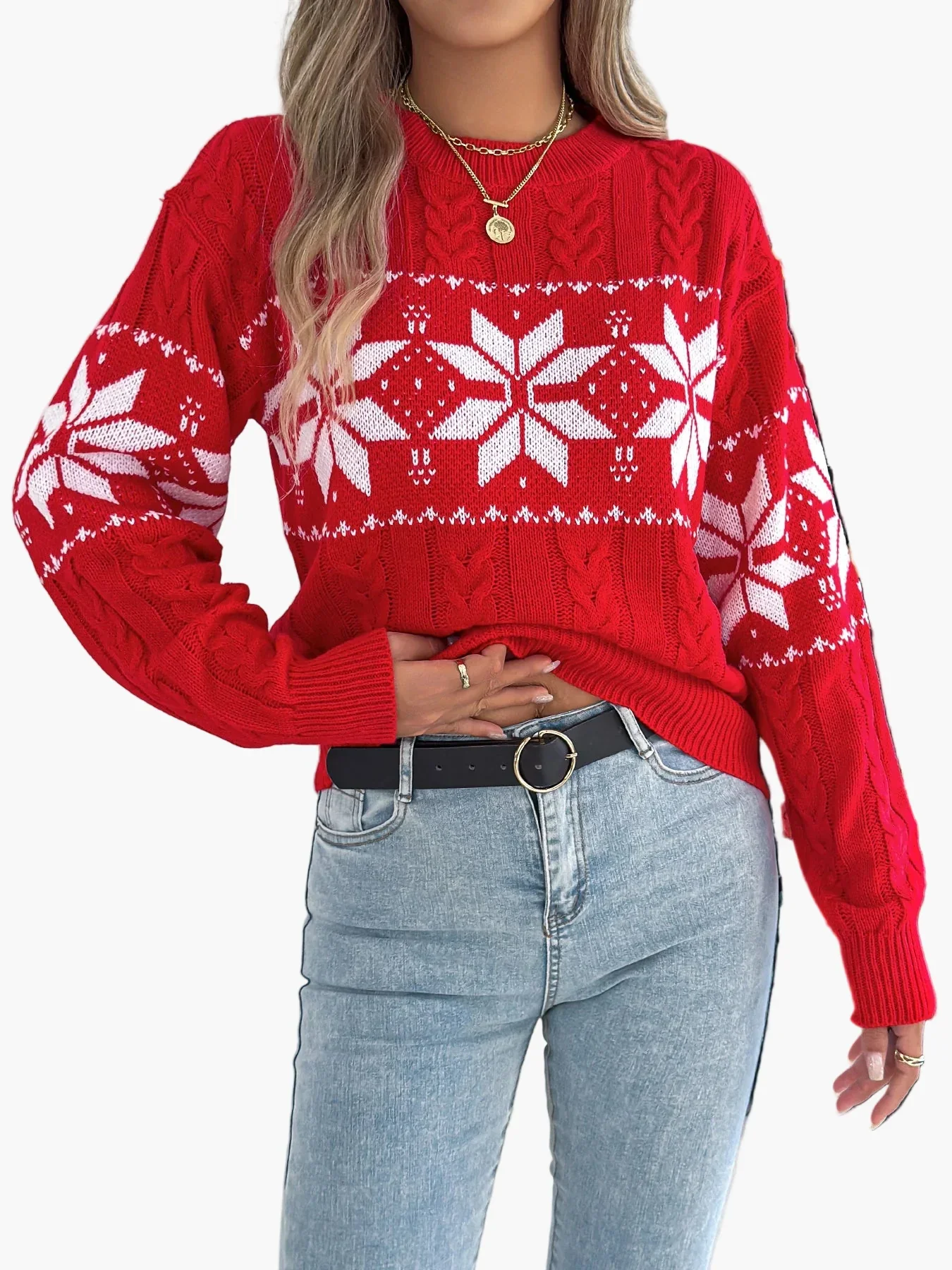 Pull de Noël femme style nordique à motif flocon, idéal pour l'hiver et les fêtes - Image 2