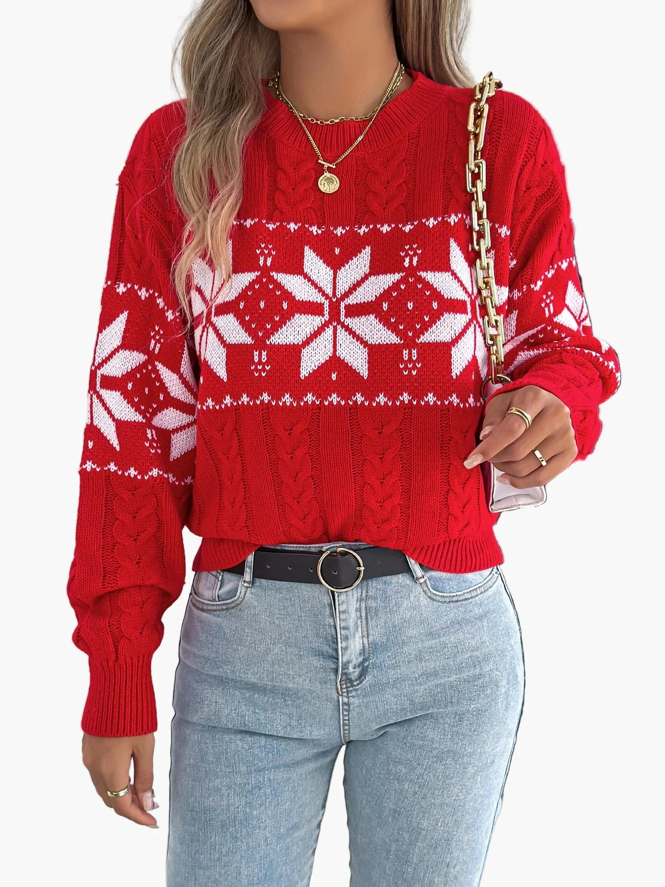 Pull de Noël femme style nordique à motif flocon, idéal pour l'hiver et les fêtes - Image 3