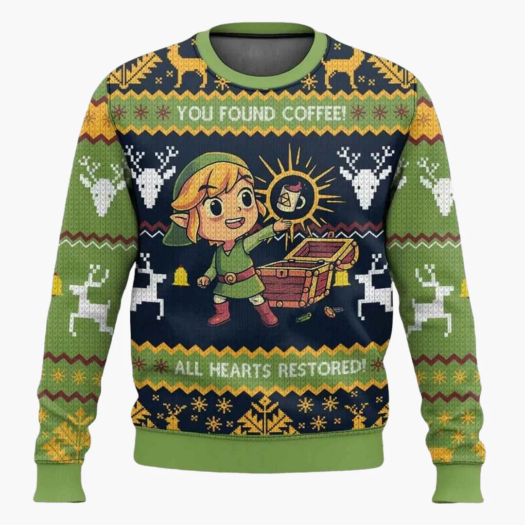 Pull de Noël Geek Unisexe Style Rétro Jeu Vidéo - Motif Café et Cœurs Restorés - Image 2
