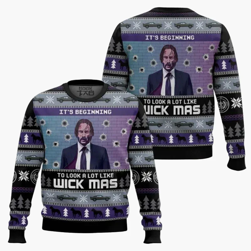 Pull de Noël homme style "Wick-Mas" drôle et original pour fans de cinéma – Sweatshirt festif à motif - Image 8