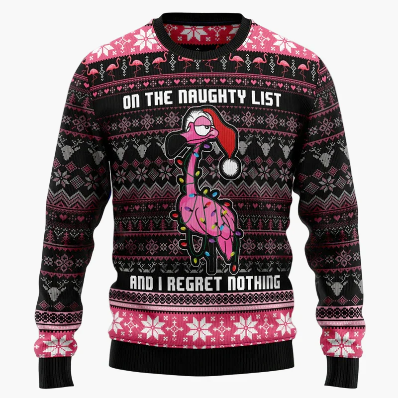 Pull de Noël fantaisie unisexe style "Ugly Christmas Sweater" avec flamants roses et message humoristique - Image 3