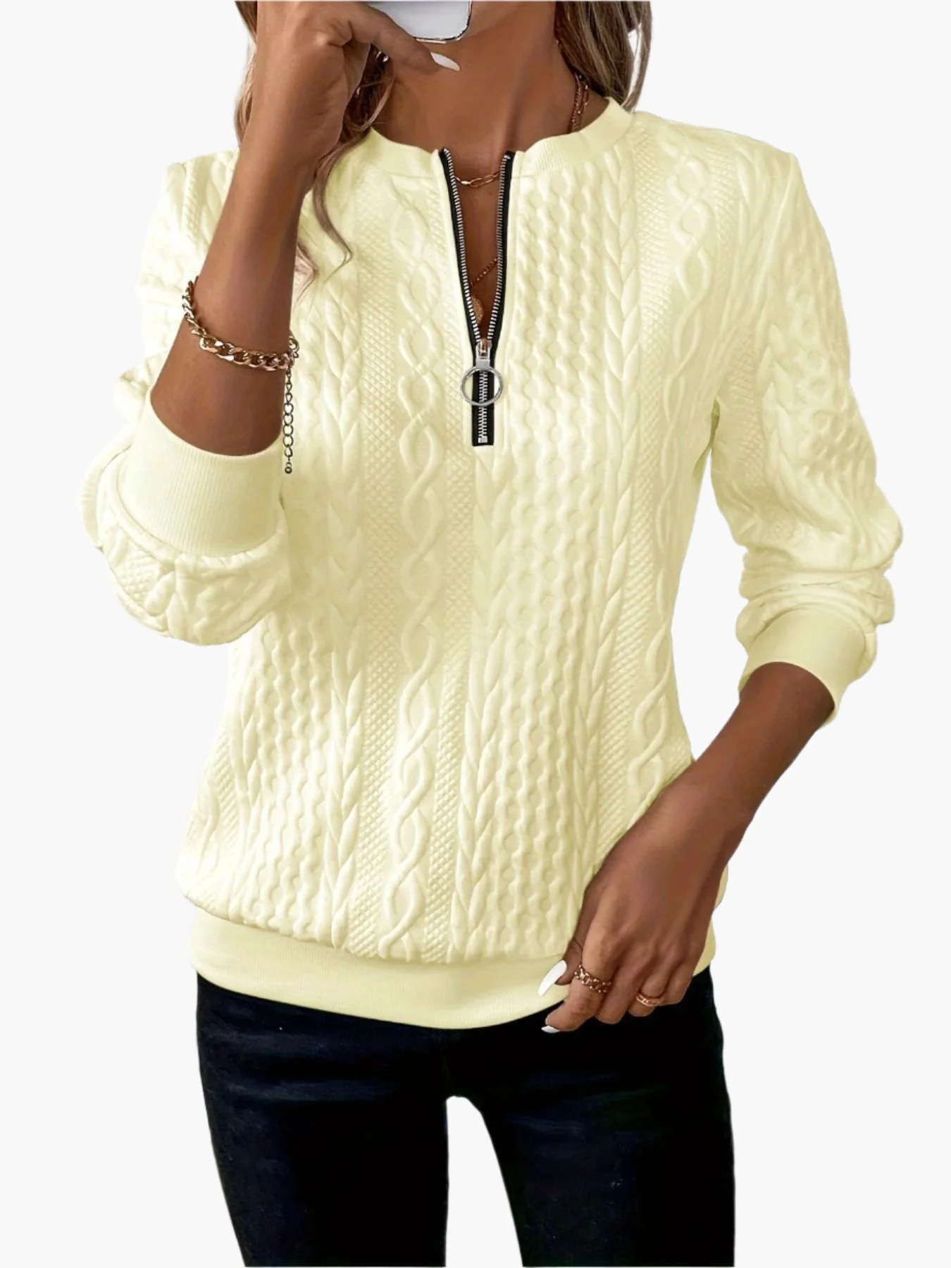 Pull-over Femme Style Casual Élégant à Motif Câble avec Fermeture Éclair – Idéal pour l’Automne et l’Hiver - Image 3