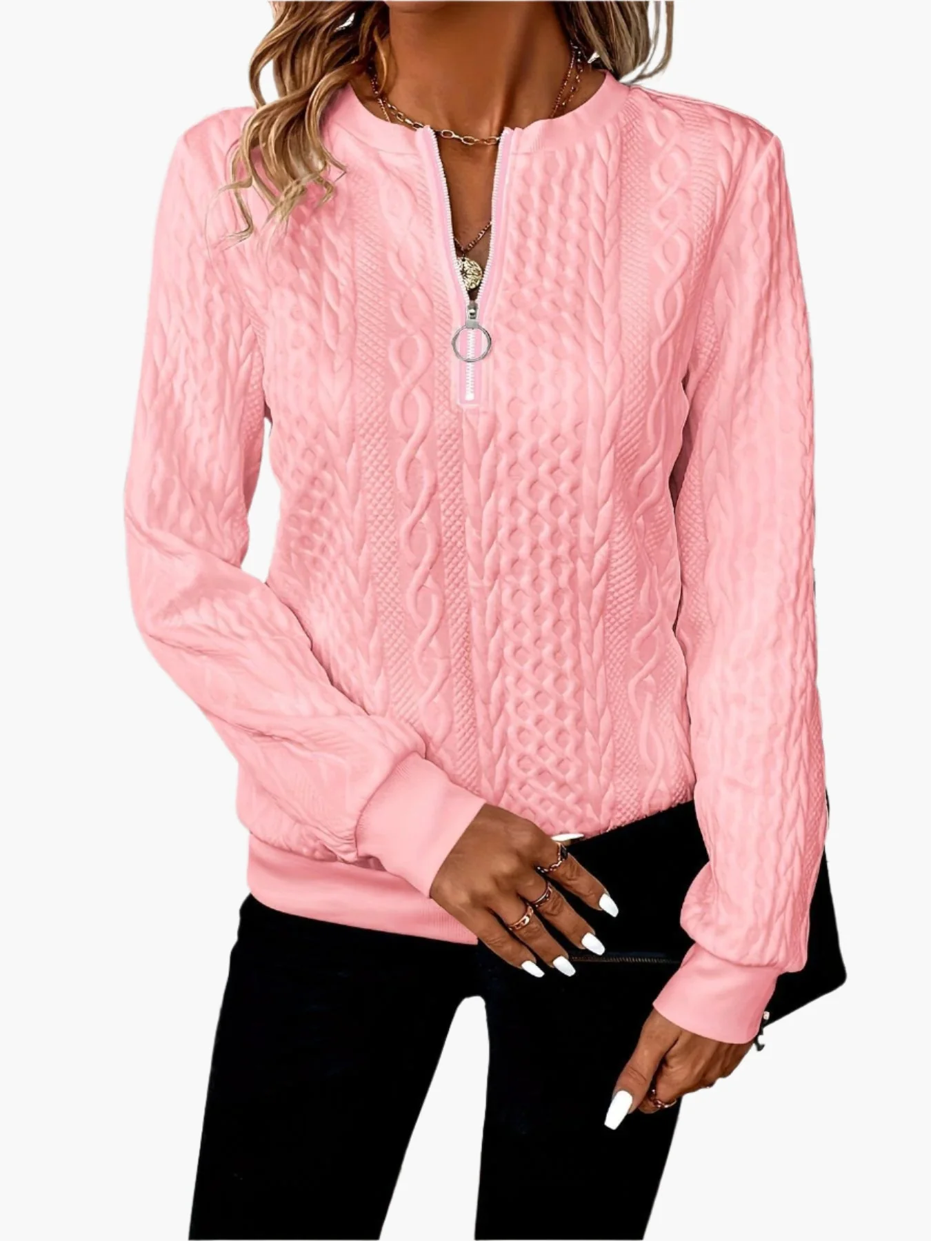 Pull-over Femme Style Casual Élégant à Motif Câble avec Fermeture Éclair – Idéal pour l’Automne et l’Hiver - Image 4