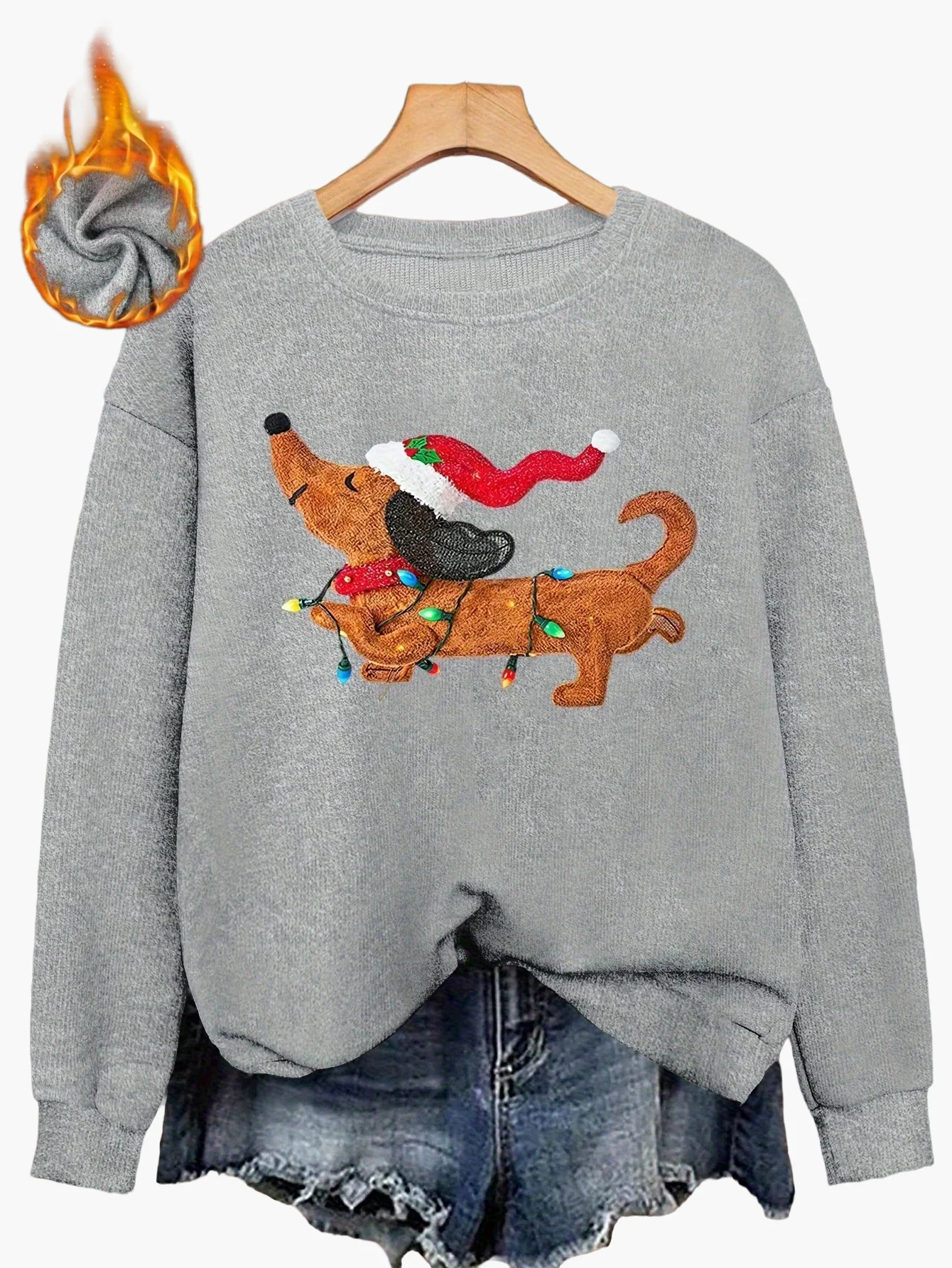 Pull-over de Noël décontracté pour femme avec chien et guirlande lumineuse, style festif - Image 5
