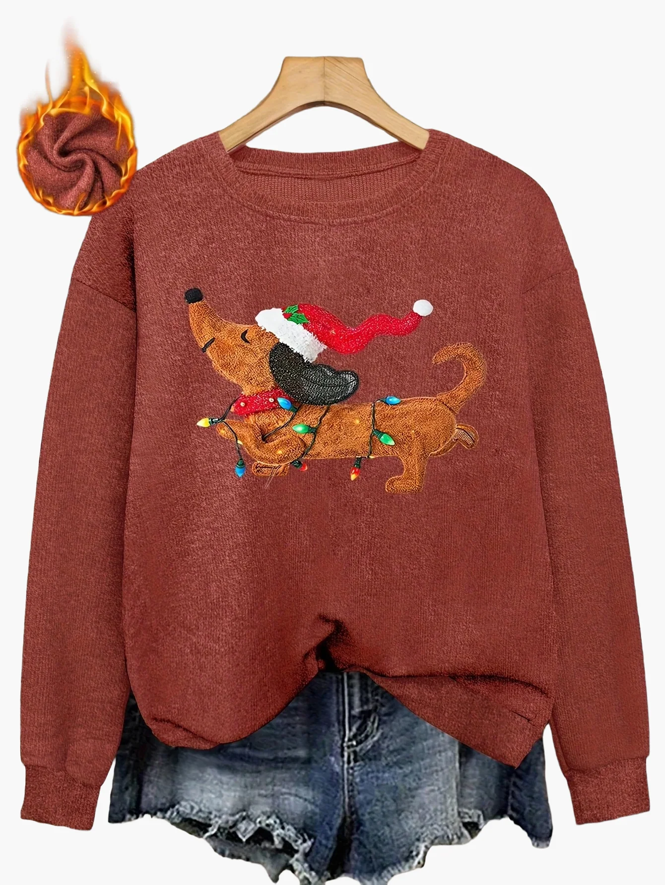 Pull-over de Noël décontracté pour femme avec chien et guirlande lumineuse, style festif - Image 6