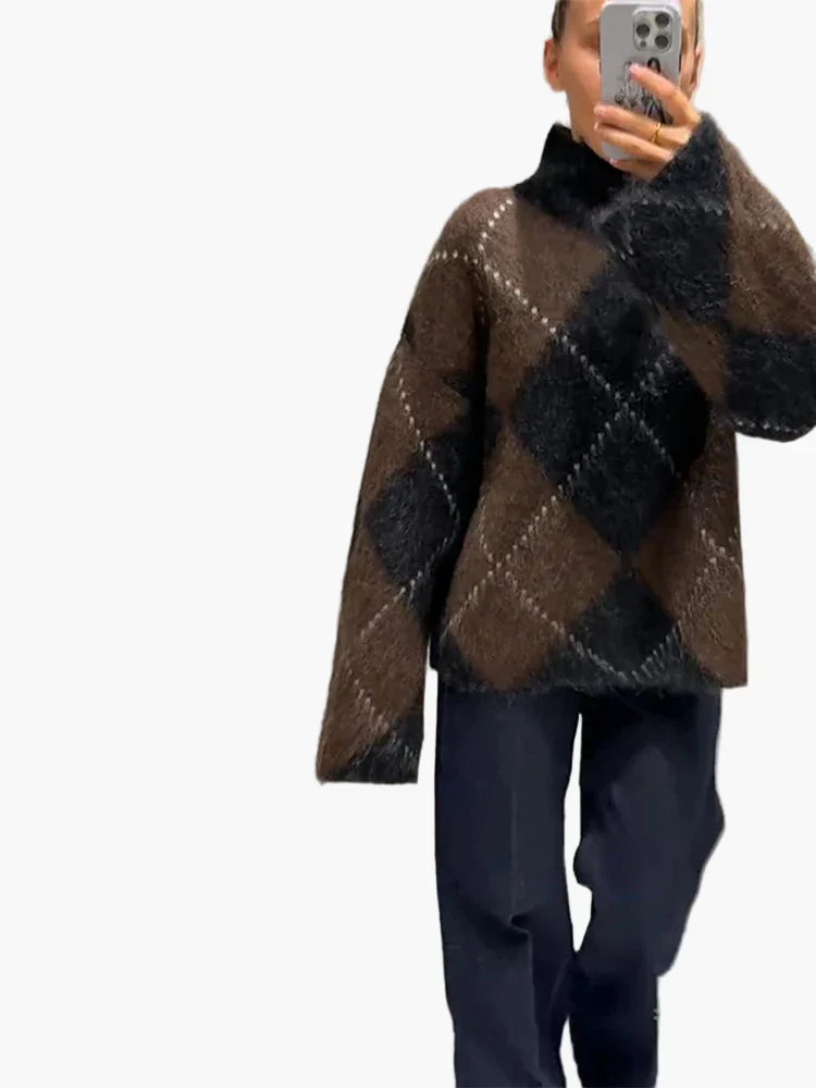 Pull oversize à motif losanges pour femme, style décontracté et tendance, idéal pour l'automne et l'hiver - Image 2