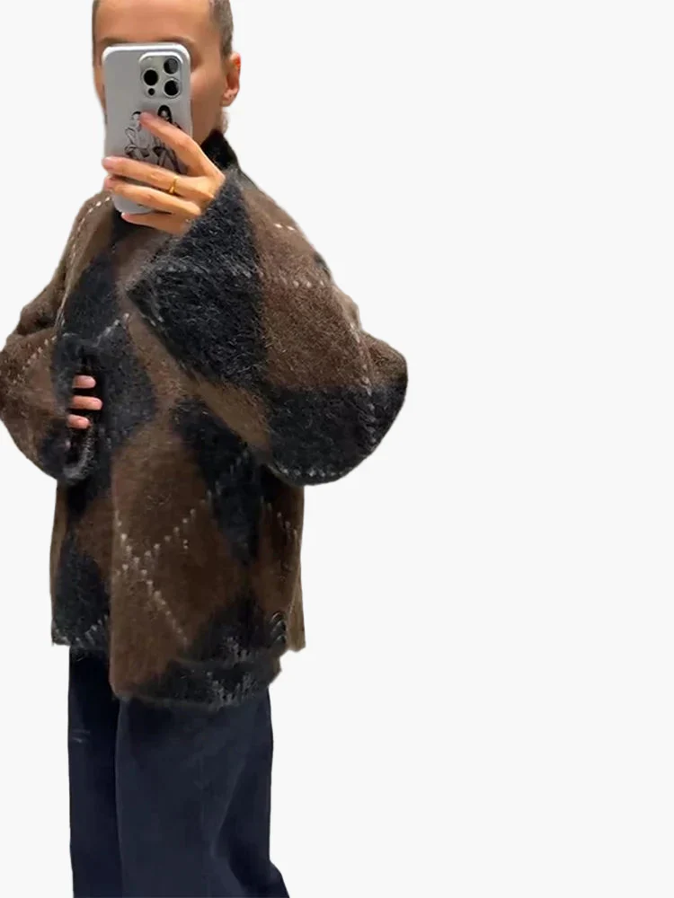 Pull oversize à motif losanges pour femme, style décontracté et tendance, idéal pour l'automne et l'hiver - Image 3