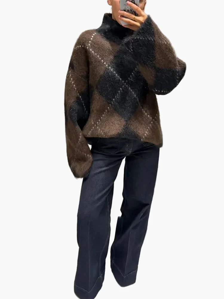 Pull oversize à motif losanges pour femme, style décontracté et tendance, idéal pour l'automne et l'hiver - Image 4