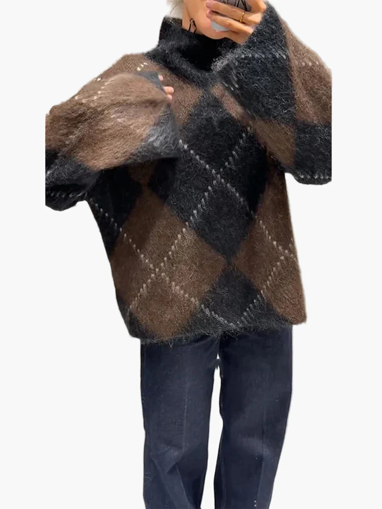 Pull oversize à motif losanges pour femme, style décontracté et tendance, idéal pour l'automne et l'hiver - Image 5