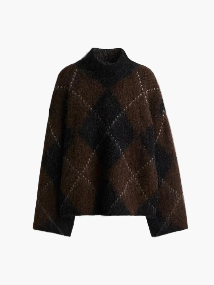 Pull oversize à motif losanges pour femme, style décontracté et tendance, idéal pour l'automne et l'hiver - Image 6