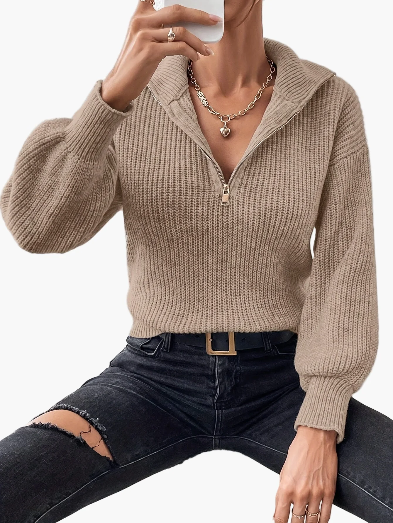 Pull zippé col montant femme style élégant pour un look quotidien tendance - Image 2