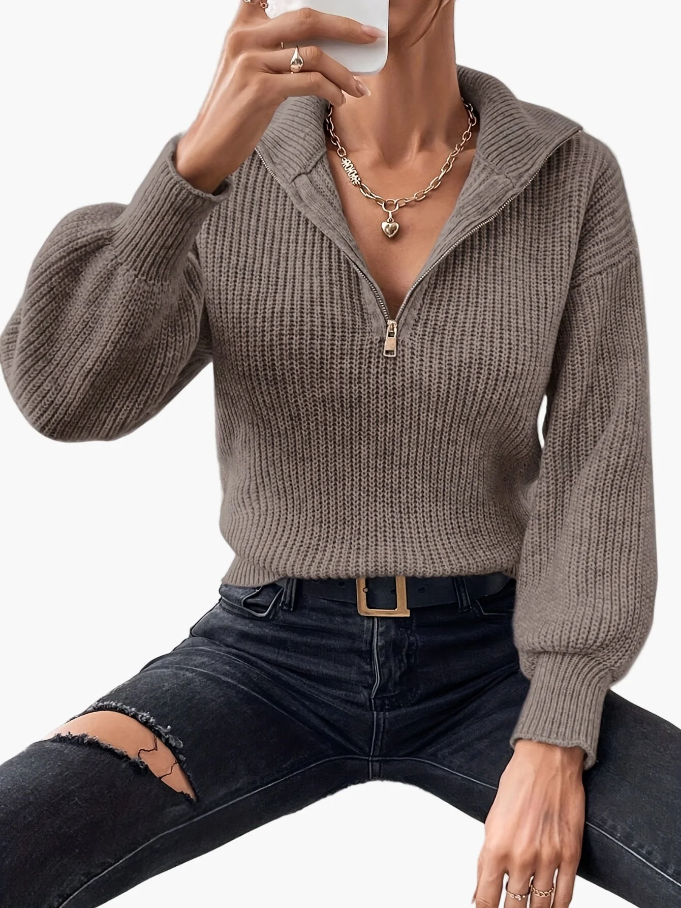 Pull zippé col montant femme style élégant pour un look quotidien tendance - Image 3