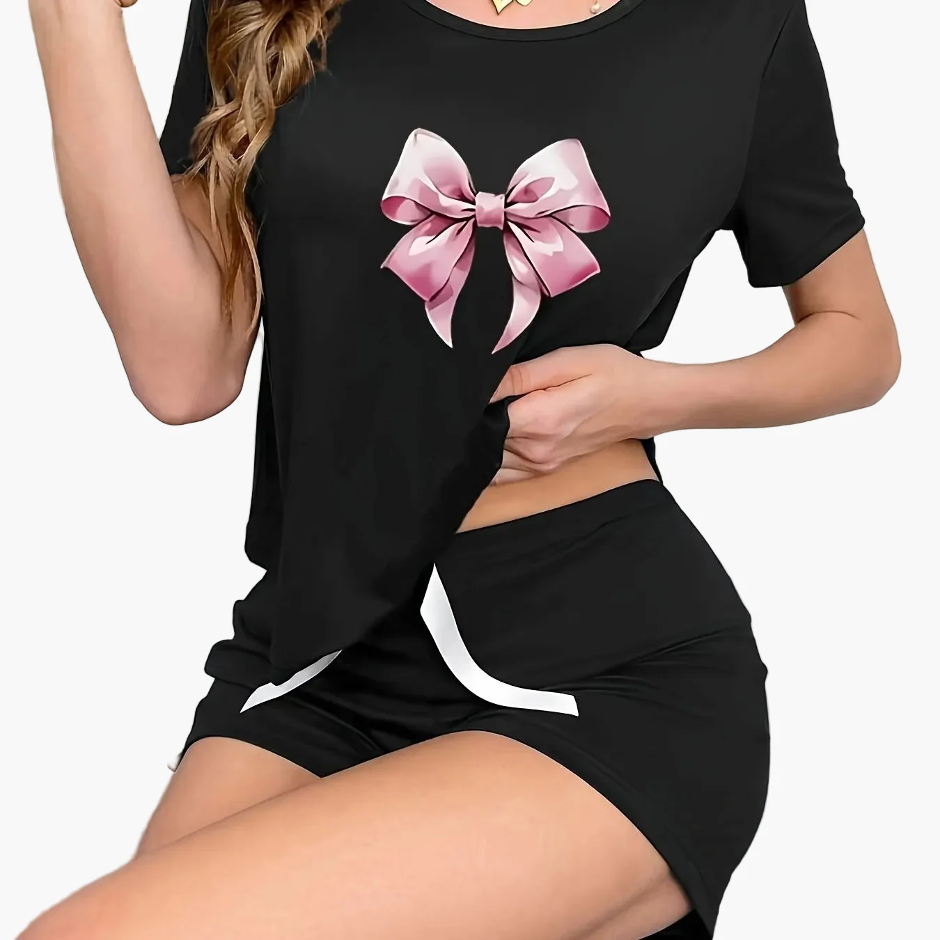Pyjama court femme imprimé nœud style décontracté pour l'été - Image 11