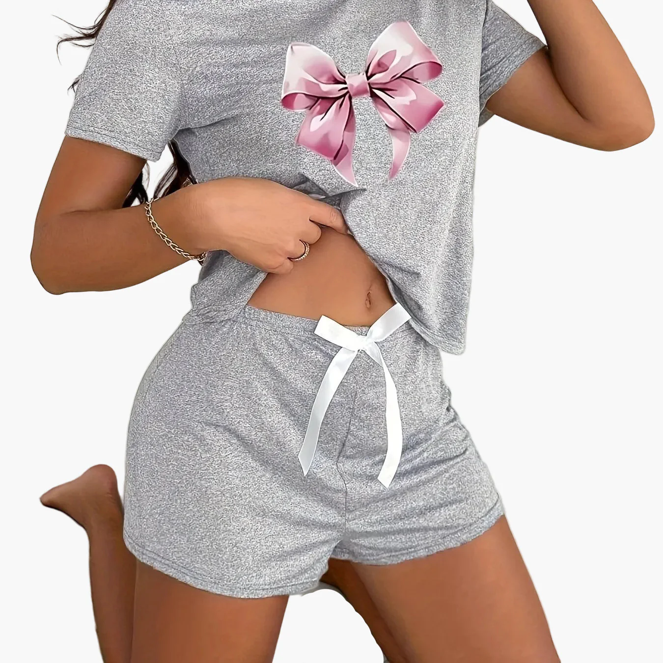 Pyjama court femme imprimé nœud style décontracté pour l'été - Image 12