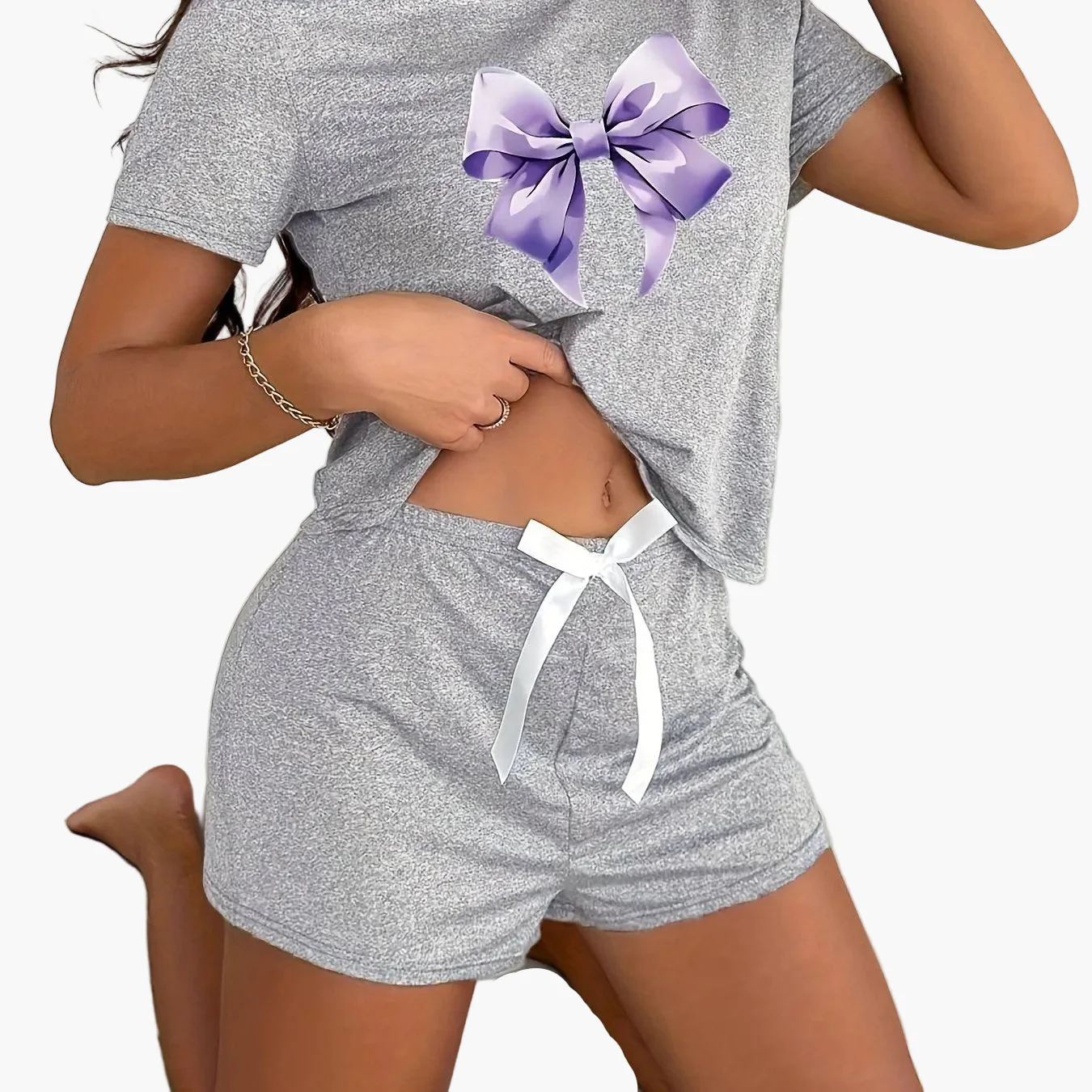 Pyjama court femme imprimé nœud style décontracté pour l'été - Image 14
