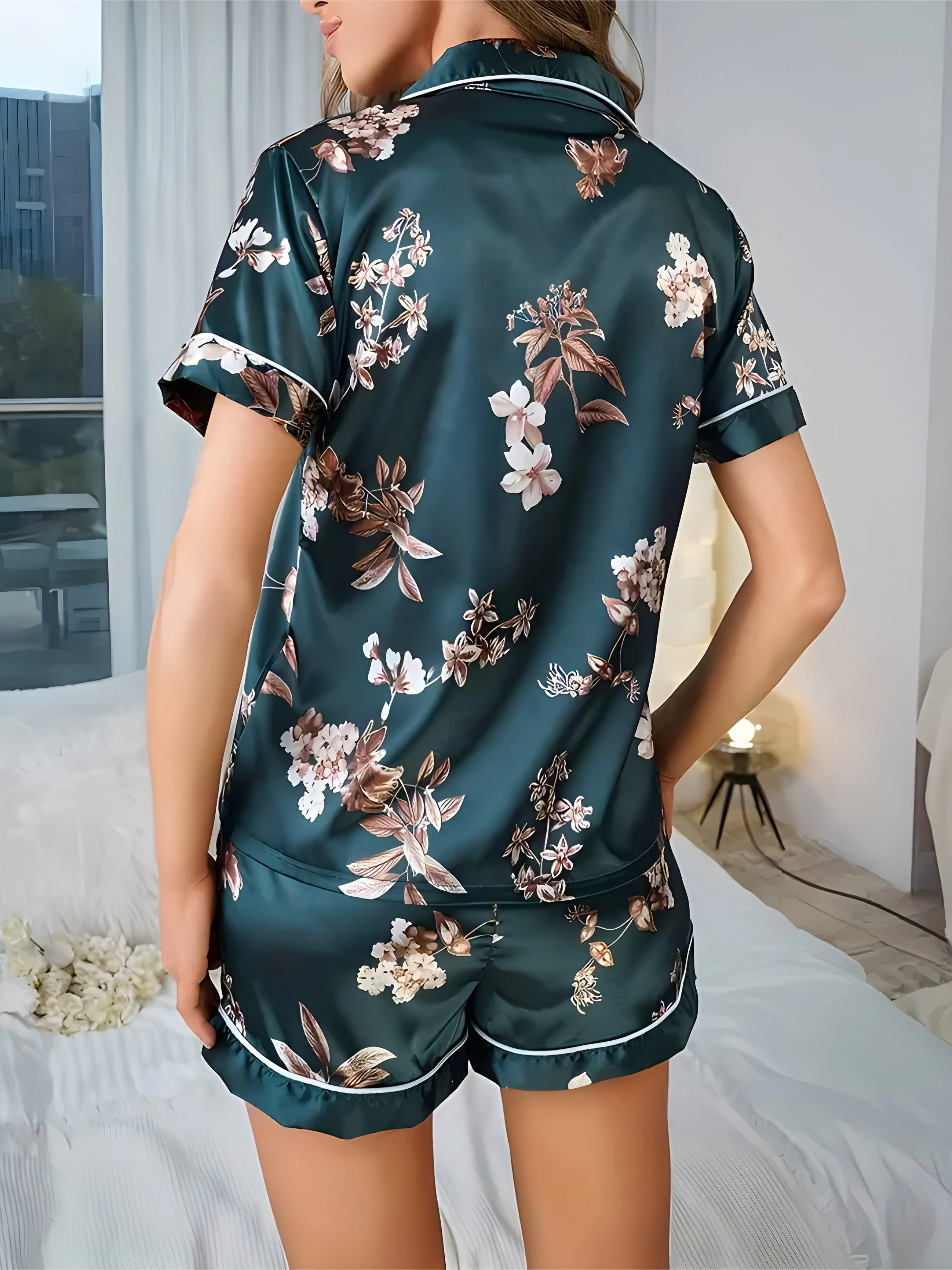 Pyjama court femme style élégant à fleurs – Ensemble chemise et short pour nuit et détente - Image 3