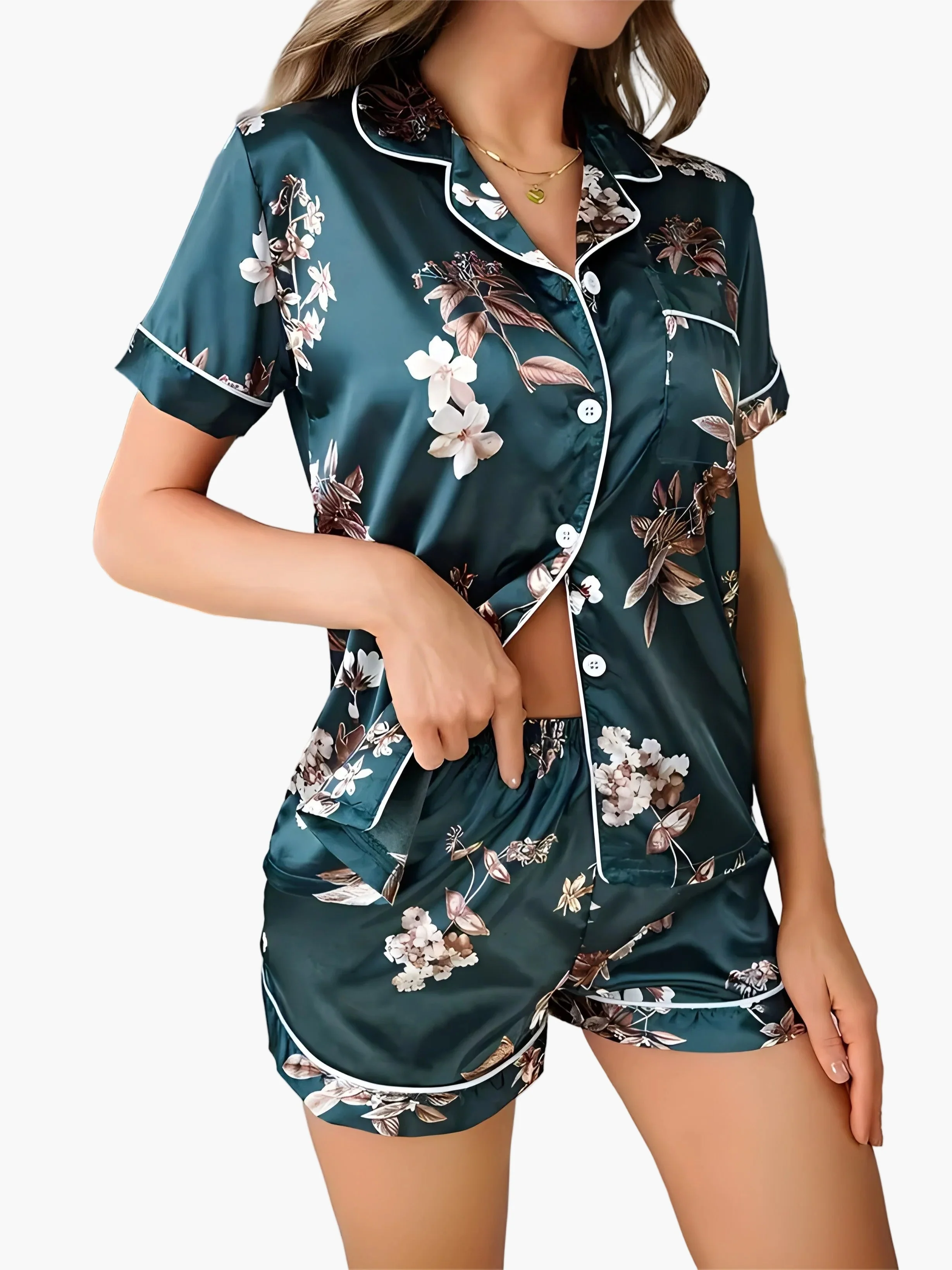 Pyjama court femme style élégant à fleurs – Ensemble chemise et short pour nuit et détente - Image 6