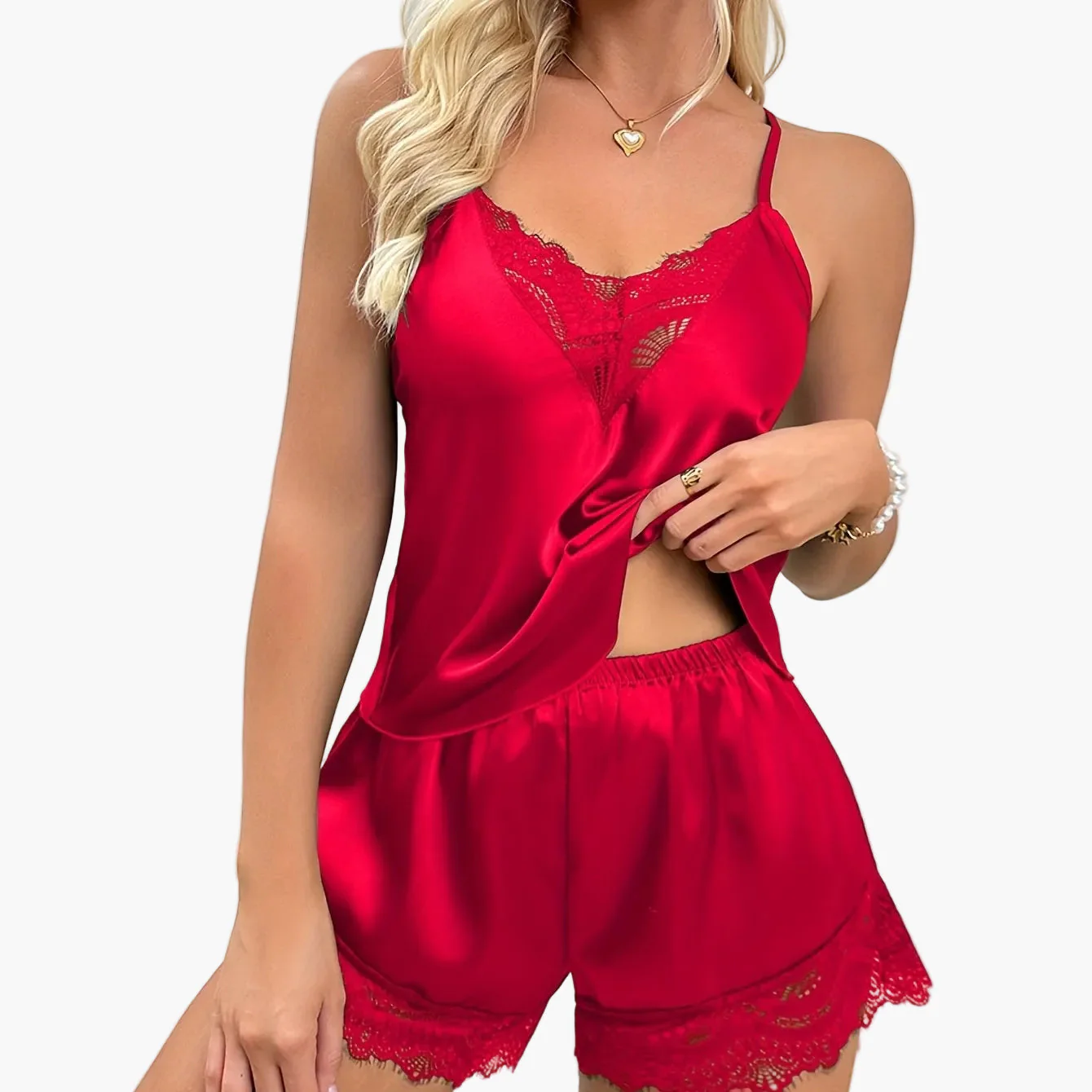 Pyjama court femme style sexy pour la maison - ensemble débardeur et short avec détails en dentelle, idéal printemps-été - Image 12
