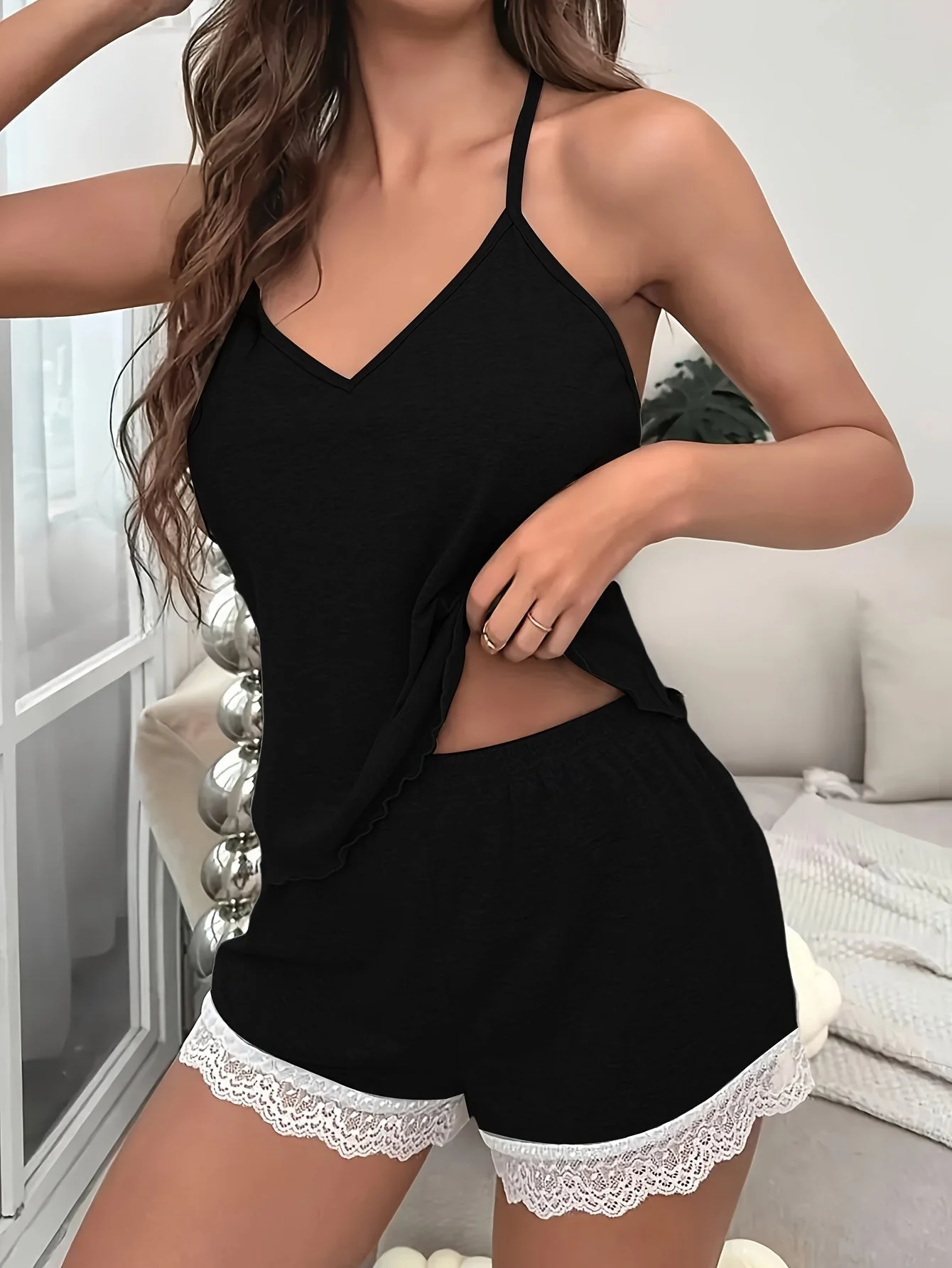 Pyjama d'été décontracté pour femme, ensemble short et débardeur à bretelles fines, style élégant pour la maison - Image 9