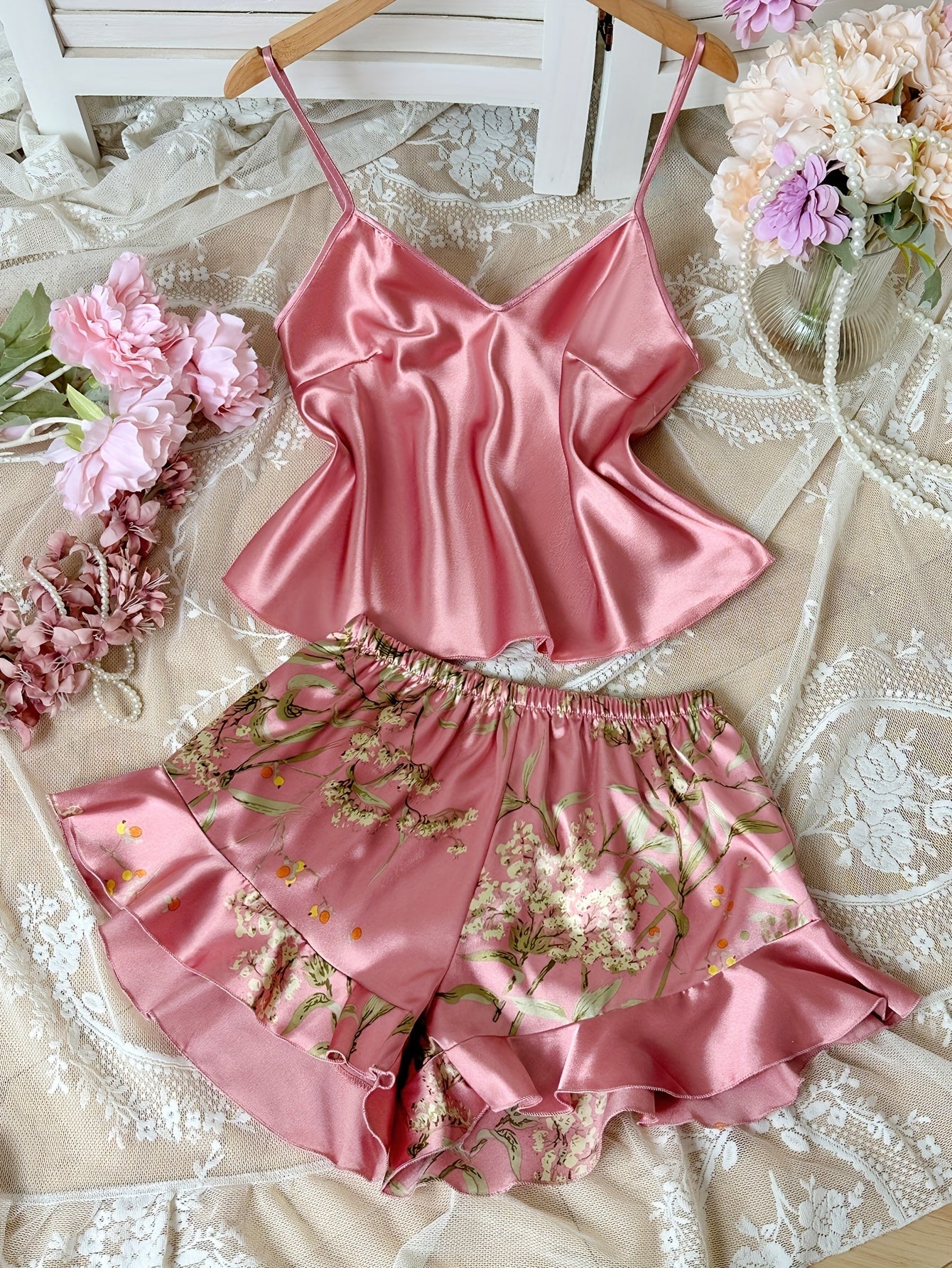 Pyjama Femme Style Élégant Décontracté à Bretelles Imprimé Fleuri – Ensemble Haut et Short d'Été - Image 3
