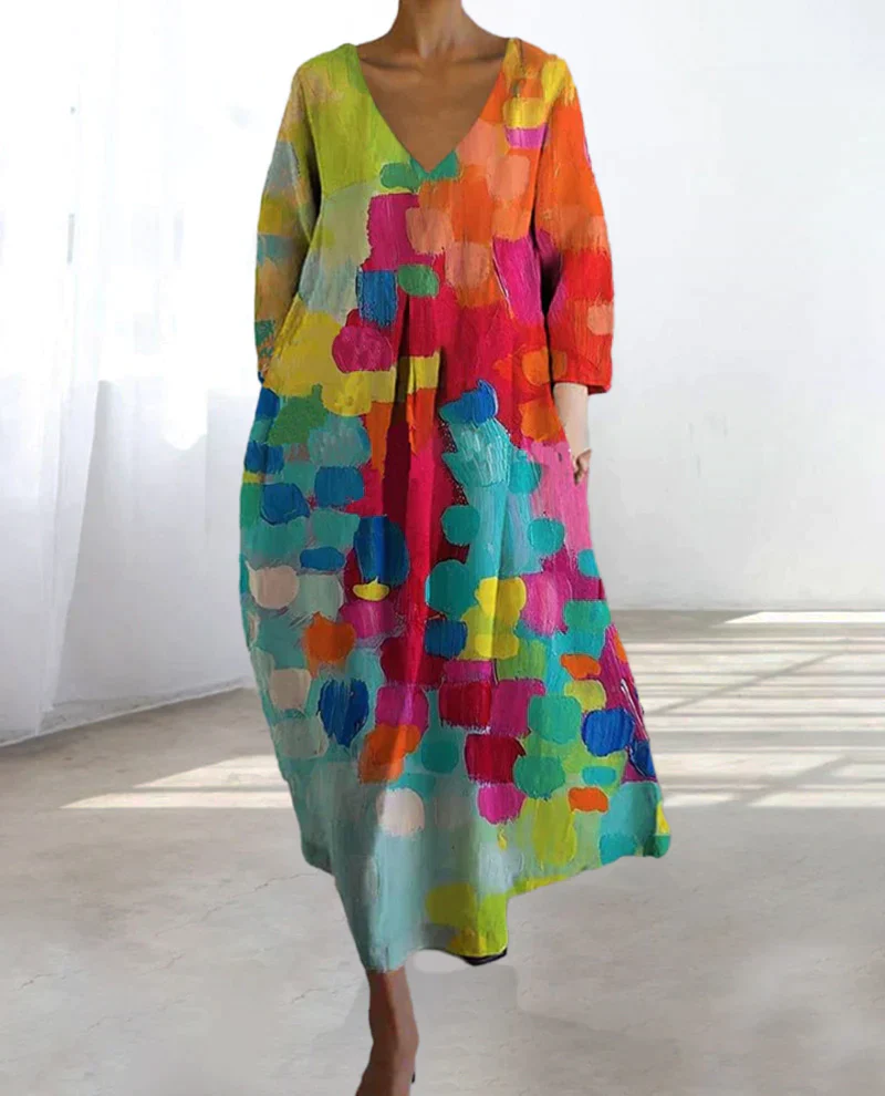 Robe bohème artistique à imprimé abstrait pour femme – Style décontracté et original - Image 3