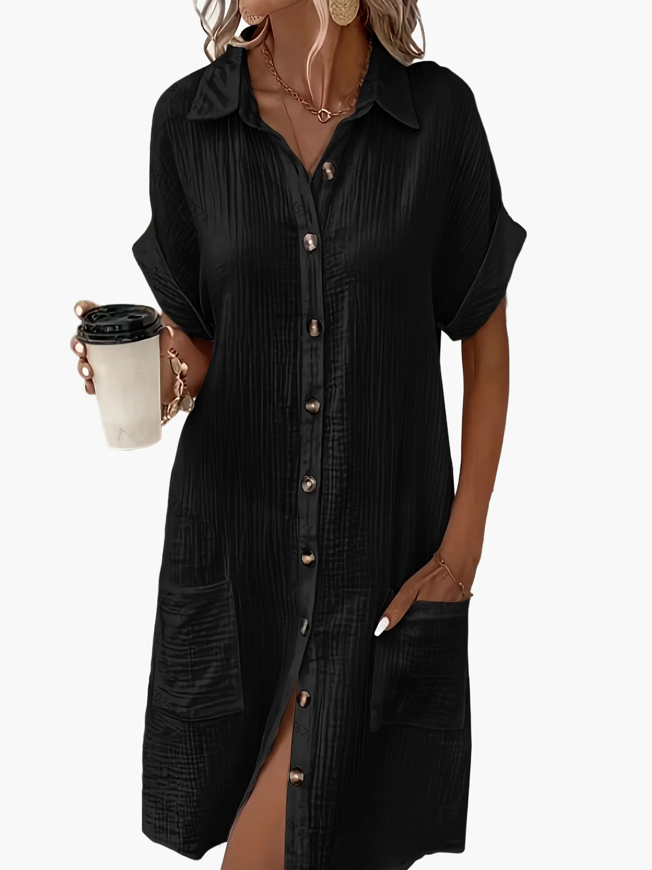 Robe chemise décontractée femme manches courtes boutons style estival - Image 10