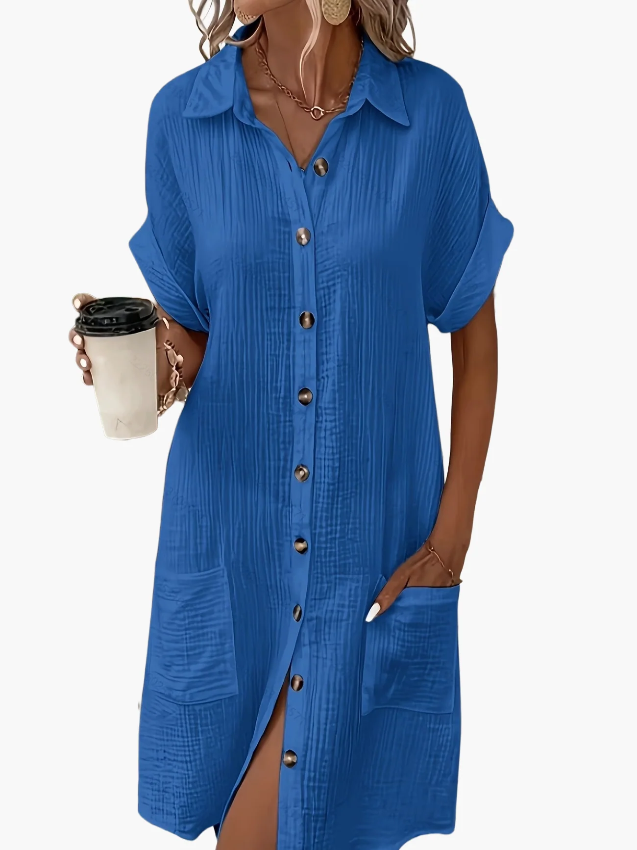Robe chemise décontractée femme manches courtes boutons style estival - Image 11