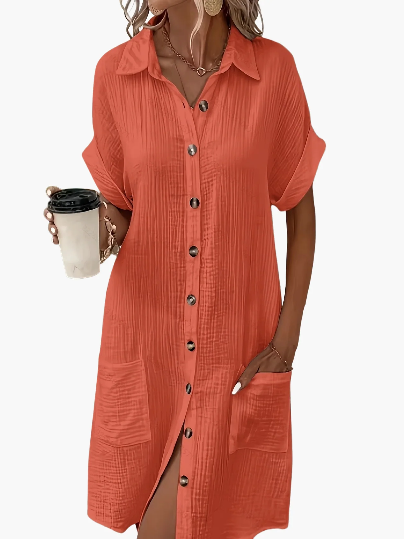 Robe chemise décontractée femme manches courtes boutons style estival - Image 12