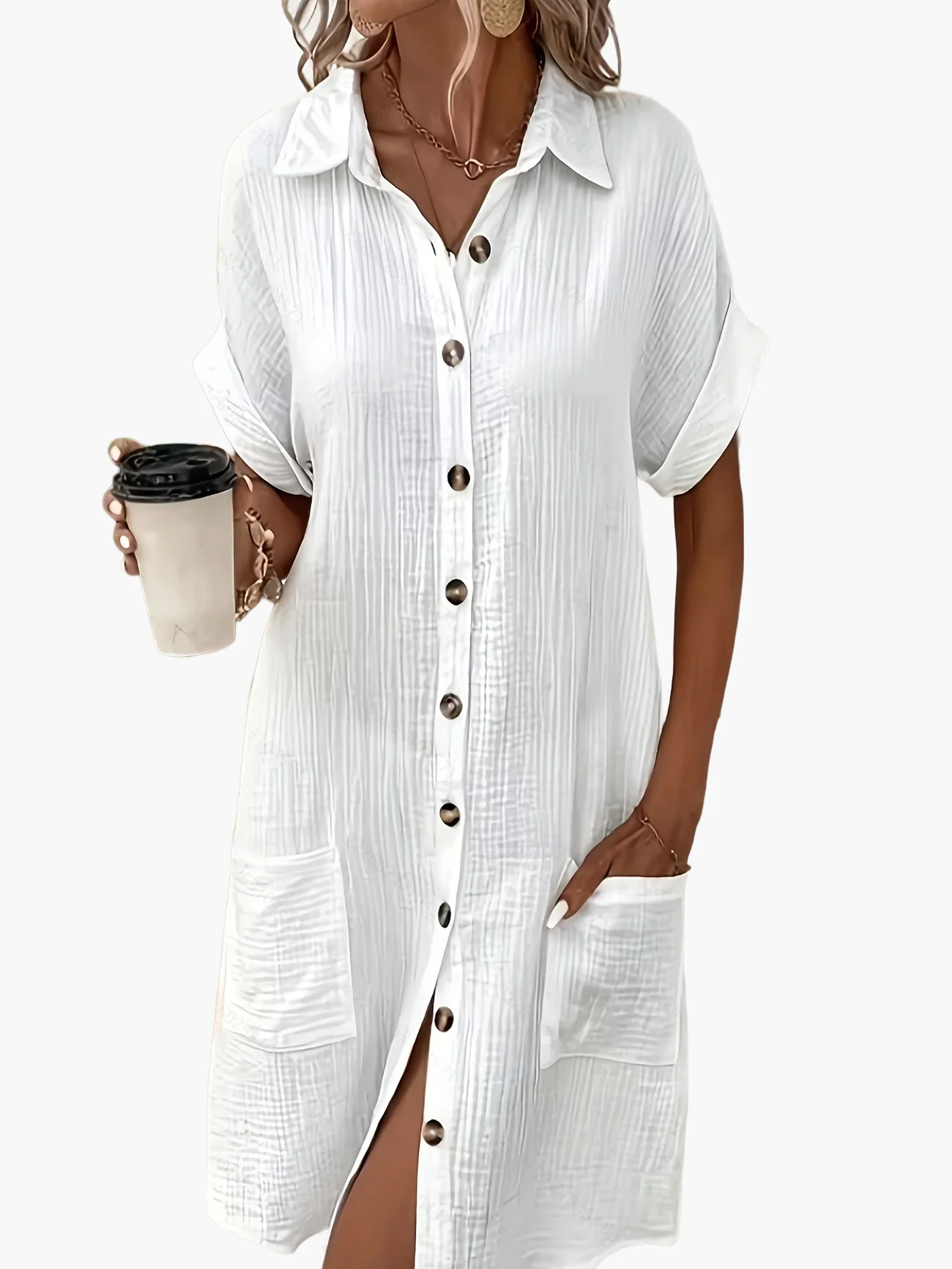 Robe chemise décontractée femme manches courtes boutons style estival - Image 13