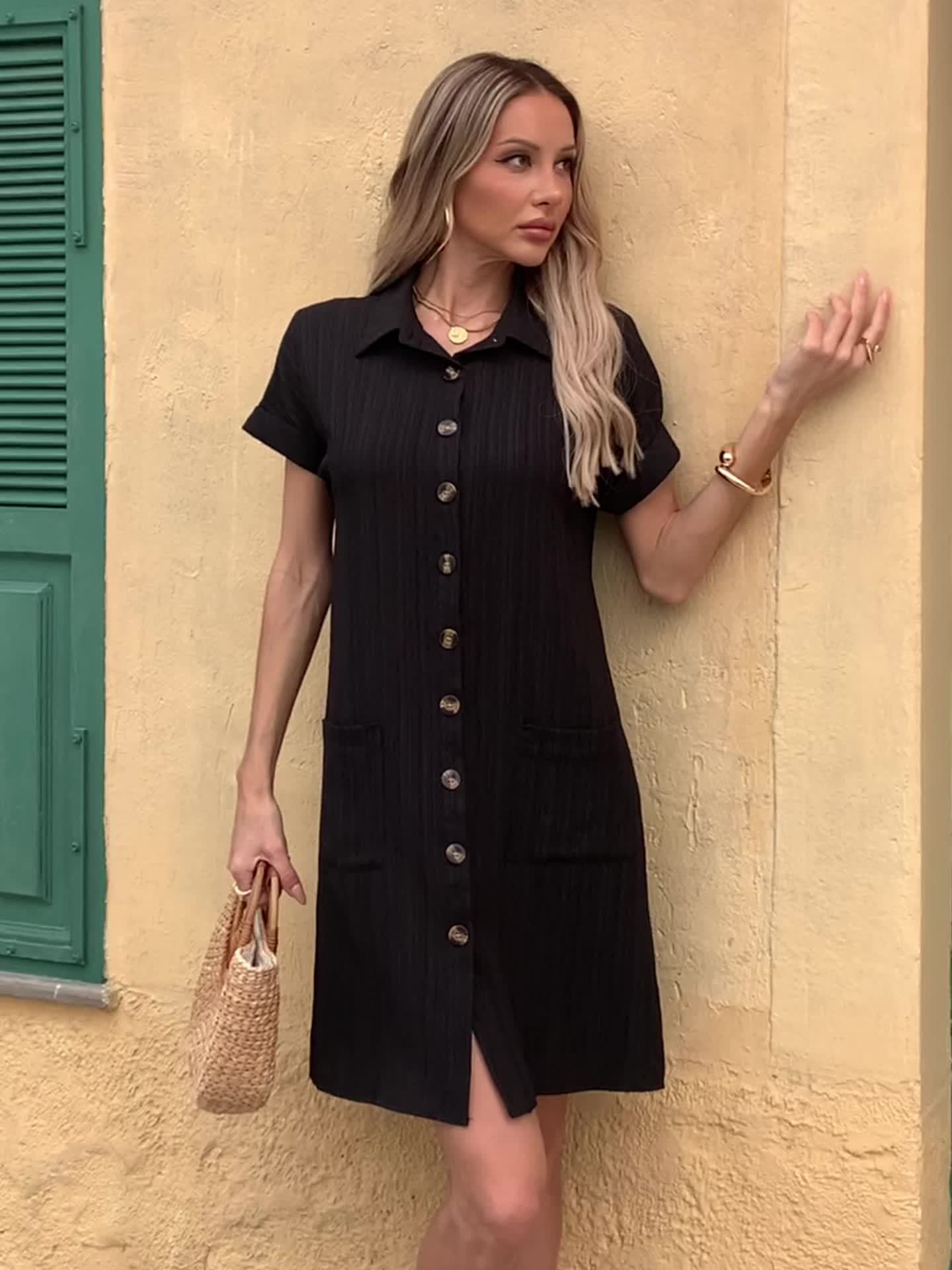 Robe chemise décontractée femme manches courtes boutons style estival - Image 3