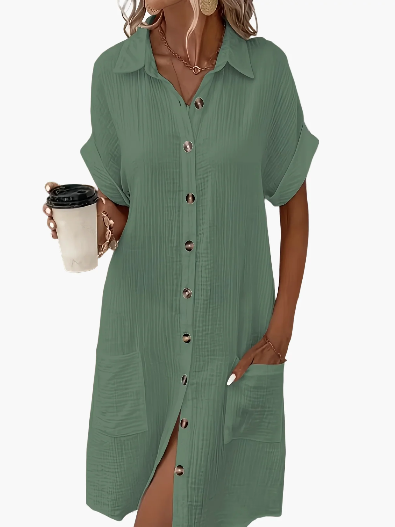 Robe chemise décontractée femme manches courtes boutons style estival - Image 4