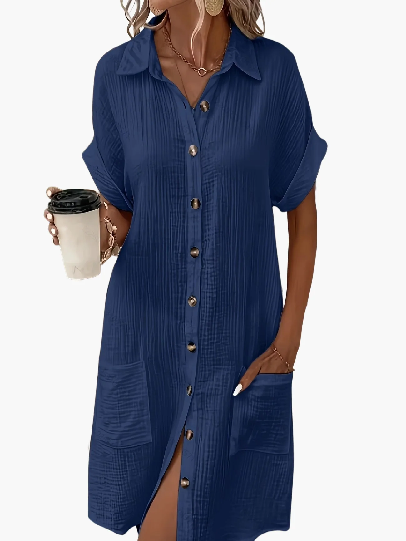 Robe chemise décontractée femme manches courtes boutons style estival - Image 5