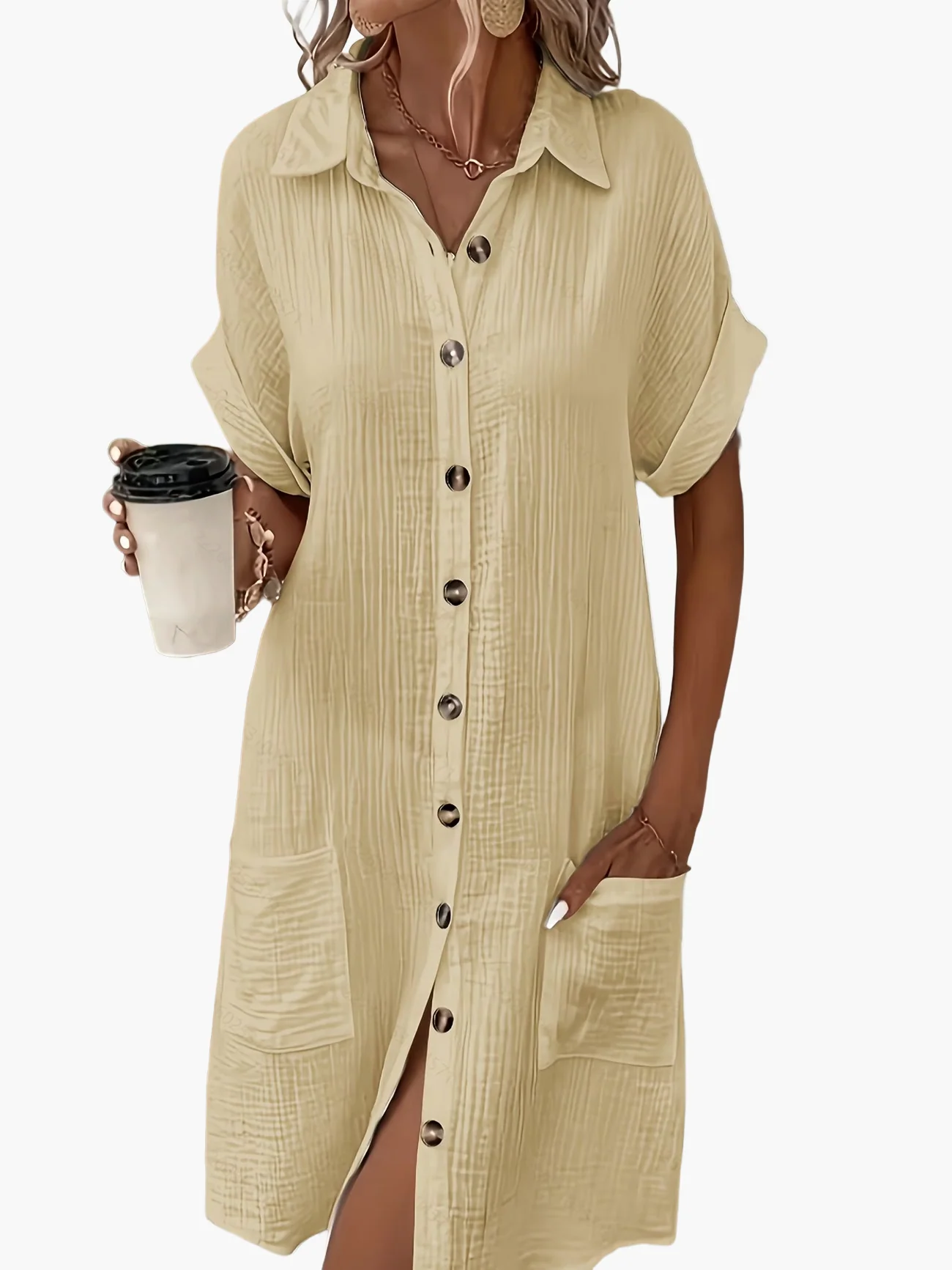 Robe chemise décontractée femme manches courtes boutons style estival - Image 6
