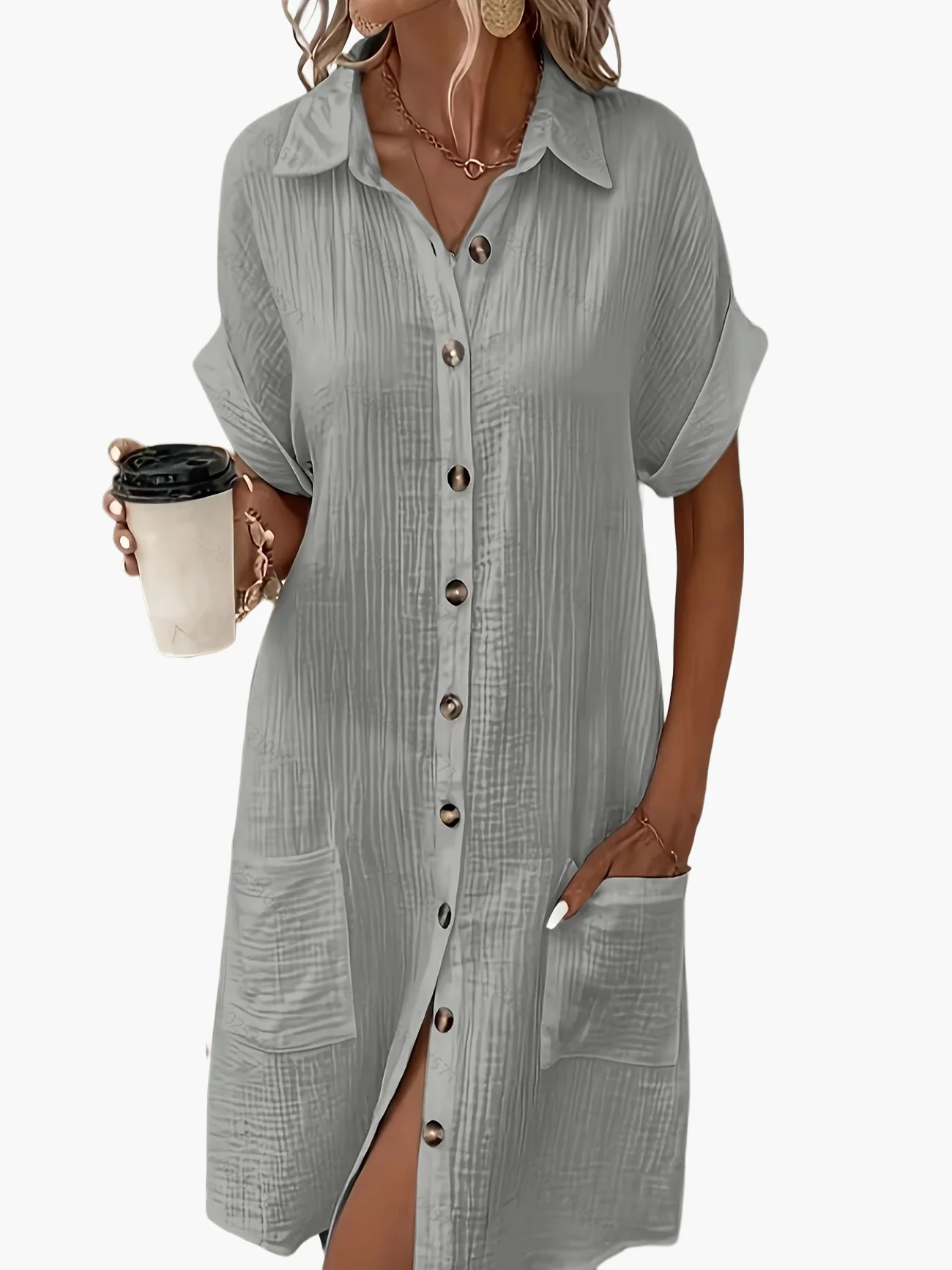 Robe chemise décontractée femme manches courtes boutons style estival - Image 8