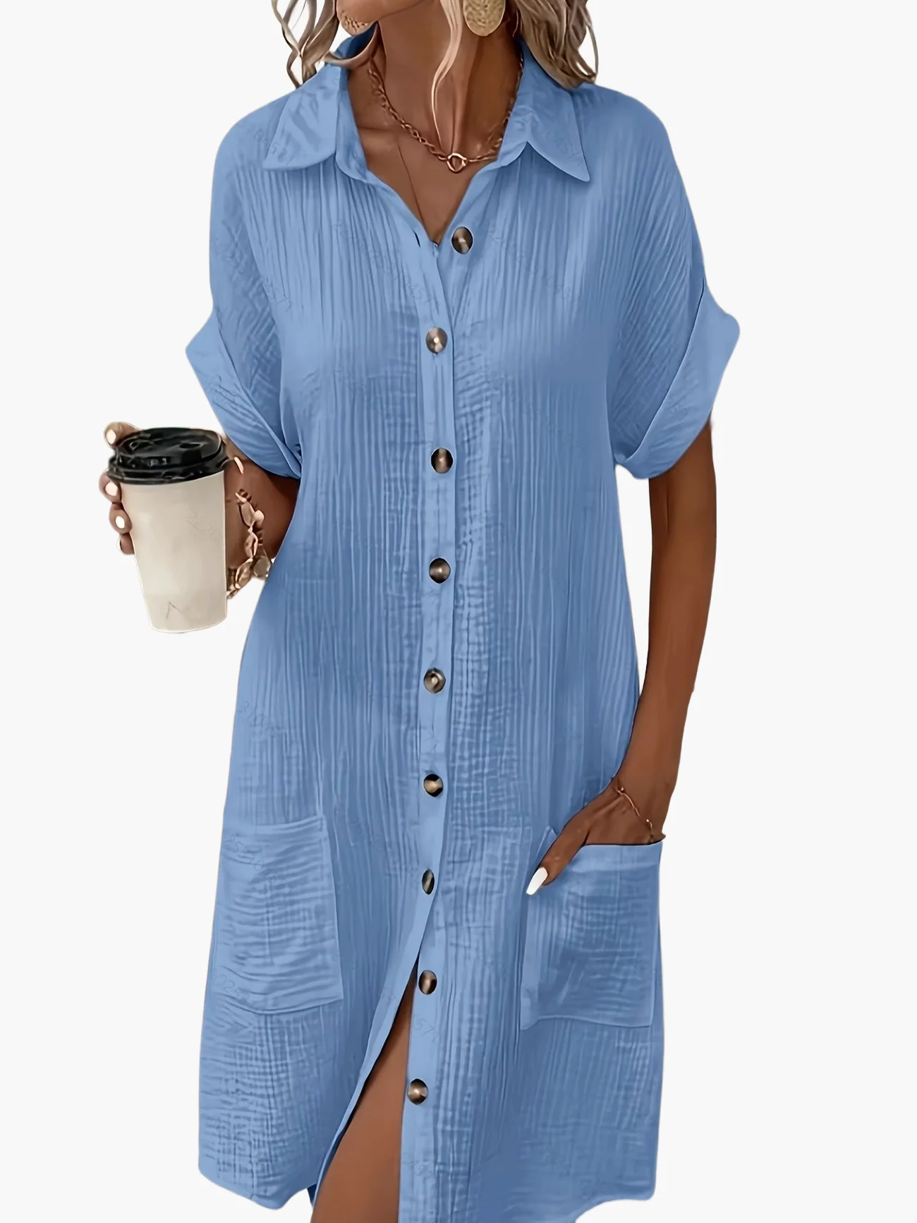 Robe chemise décontractée femme manches courtes boutons style estival - Image 9