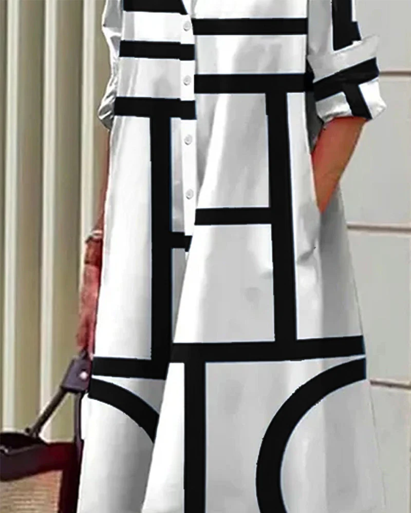 Robe chemise femme ample à imprimé géométrique avec poches, style décontracté chic - Image 10
